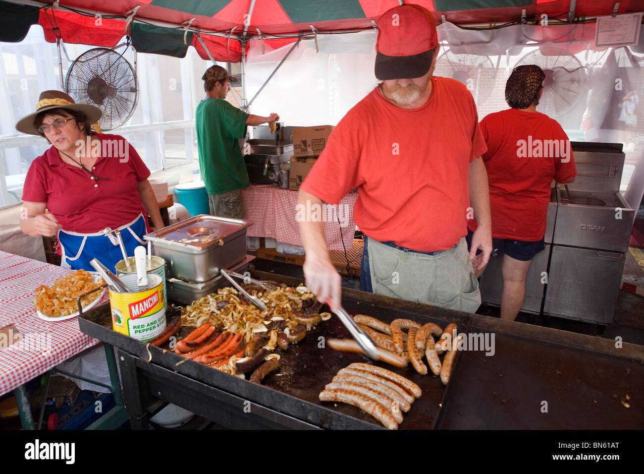 Vendors selling various saussages and traditional southern food at the  Smithville Jamboree of country music and bluegrass held Stock Photo