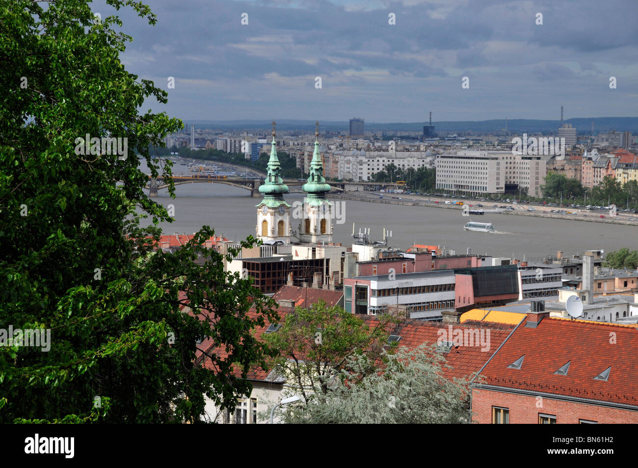 Panorama of Budapest with two green towers in front from Fisherman's Bastion ,the capital of Hungary, Europe Stock Photo