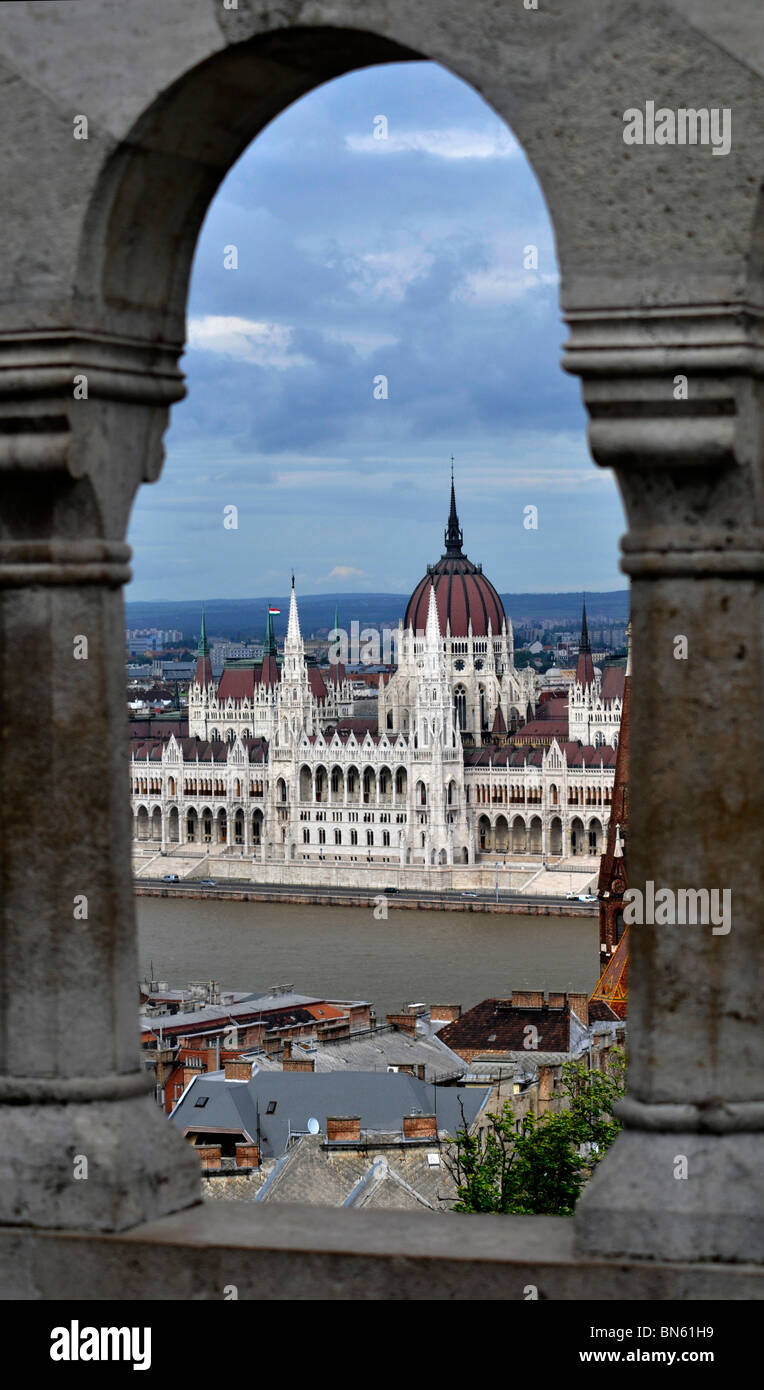 View of Budapest Parliament through  arch of Fisherman Bastion,Budapest, the capital of Hungary, East Europe Stock Photo