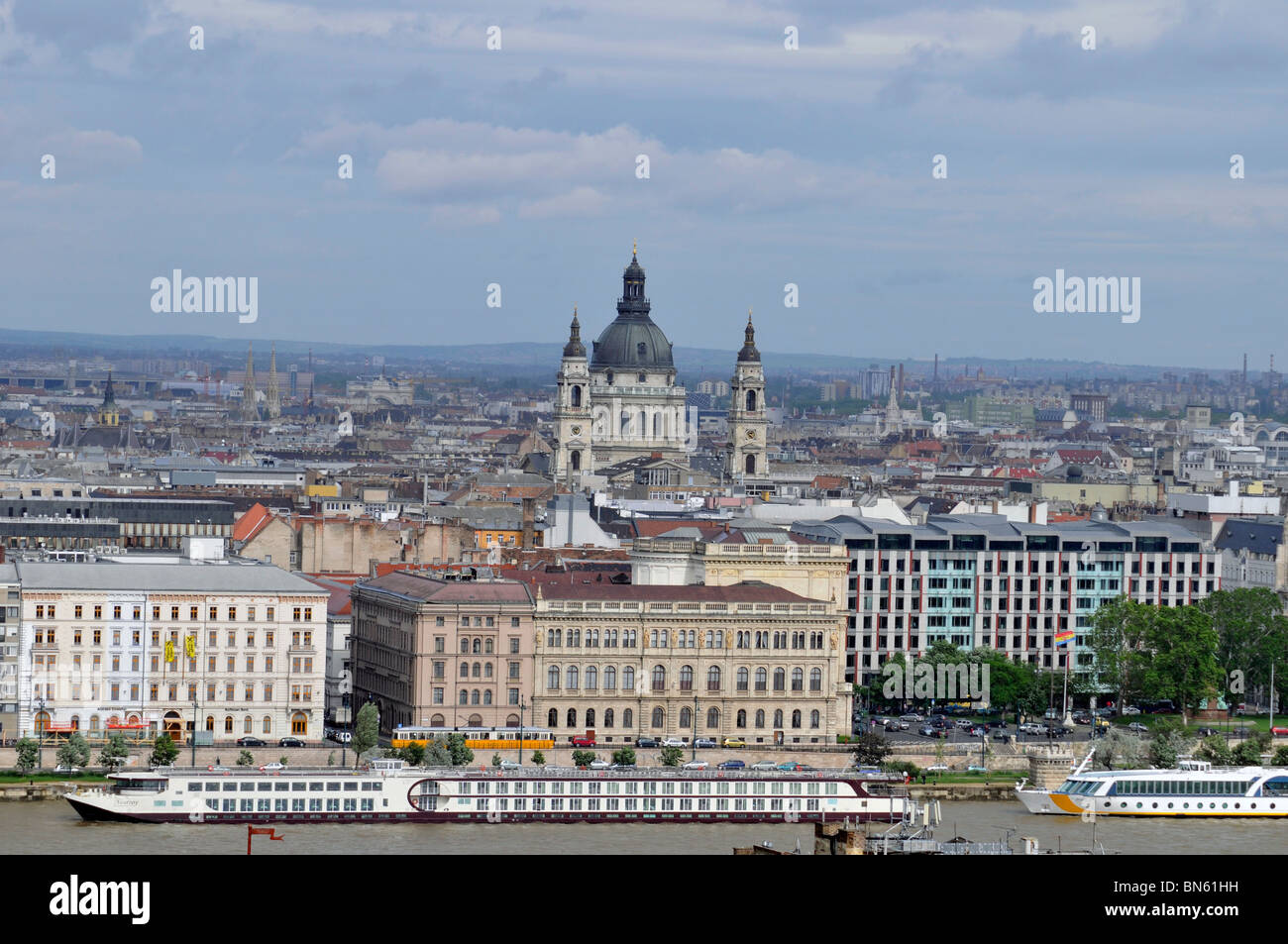 Panorama of Pest with ship on Danube river in front from Buda, Budapest, the capital of Hungary, Europe Stock Photo