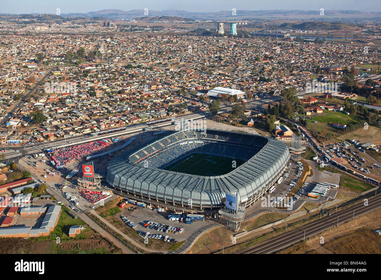 Aerial View of Orlando Stadium in Soweto South Africa which hosted the Super 14 Rugby final in 2010 Stock Photo