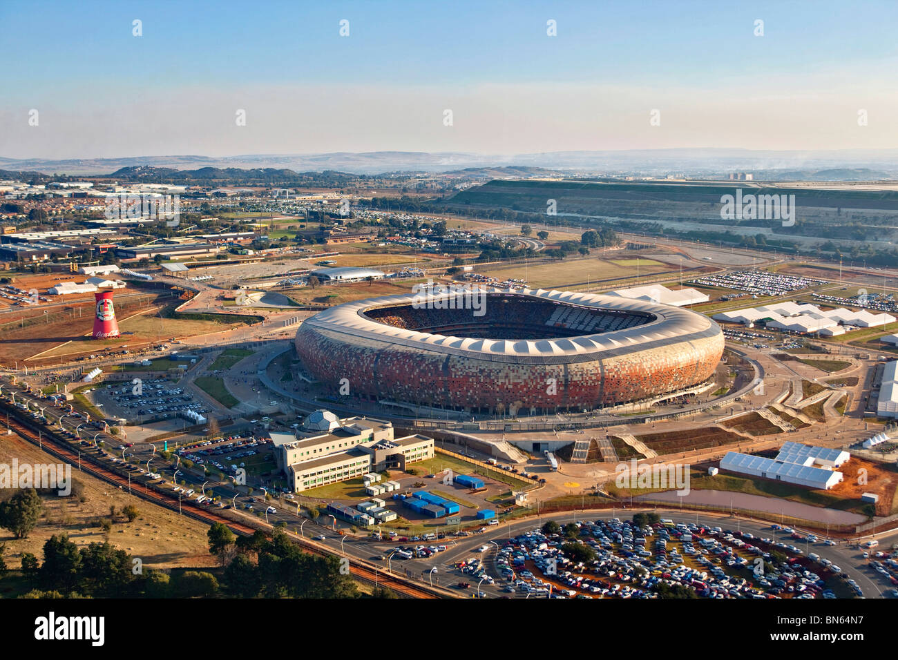 Aerial View of the FIFA 2010 Soccer City Stadium shaped like a calabash
