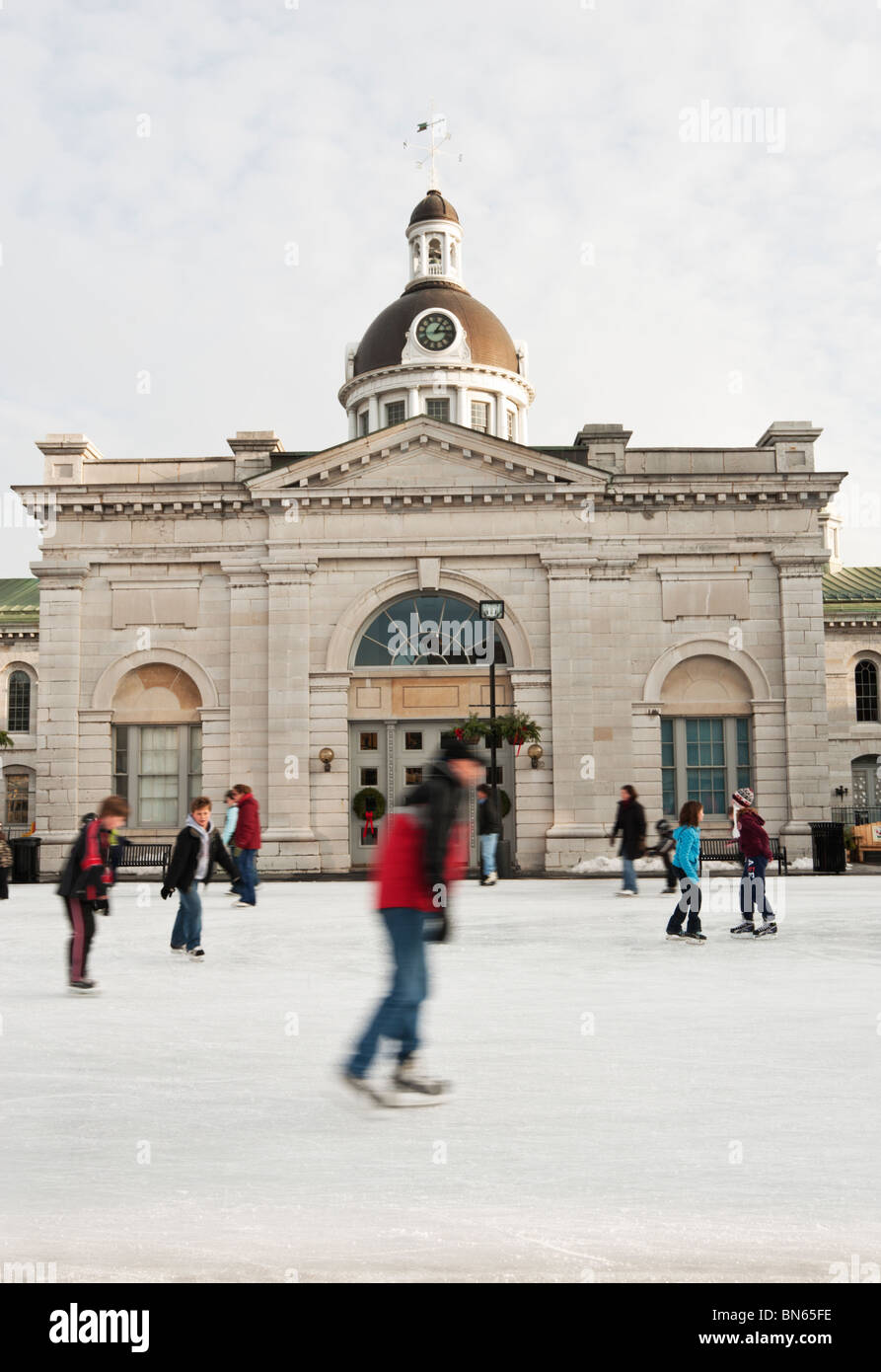 Ice skaters on an outside link in Kingston, Ontario Stock Photo