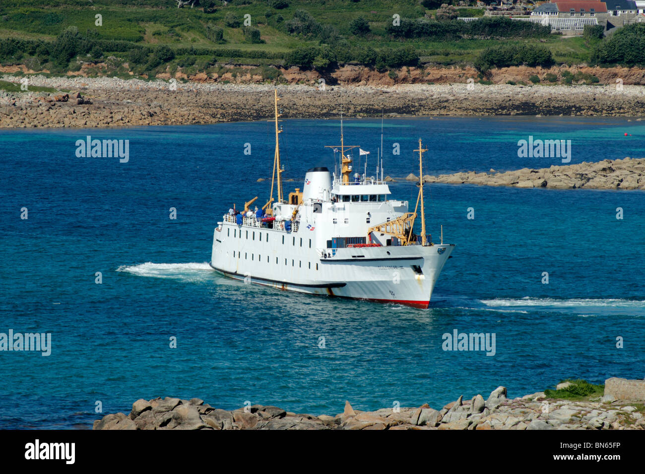 The Scillonian III leaving St. Mary's in the Isles of Scilly, Cornwall UK. Stock Photo