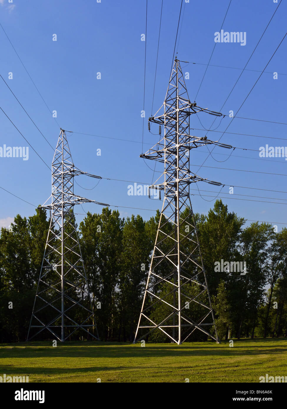 Hightension power line transmission towers, Moscow, Russia Stock Photo