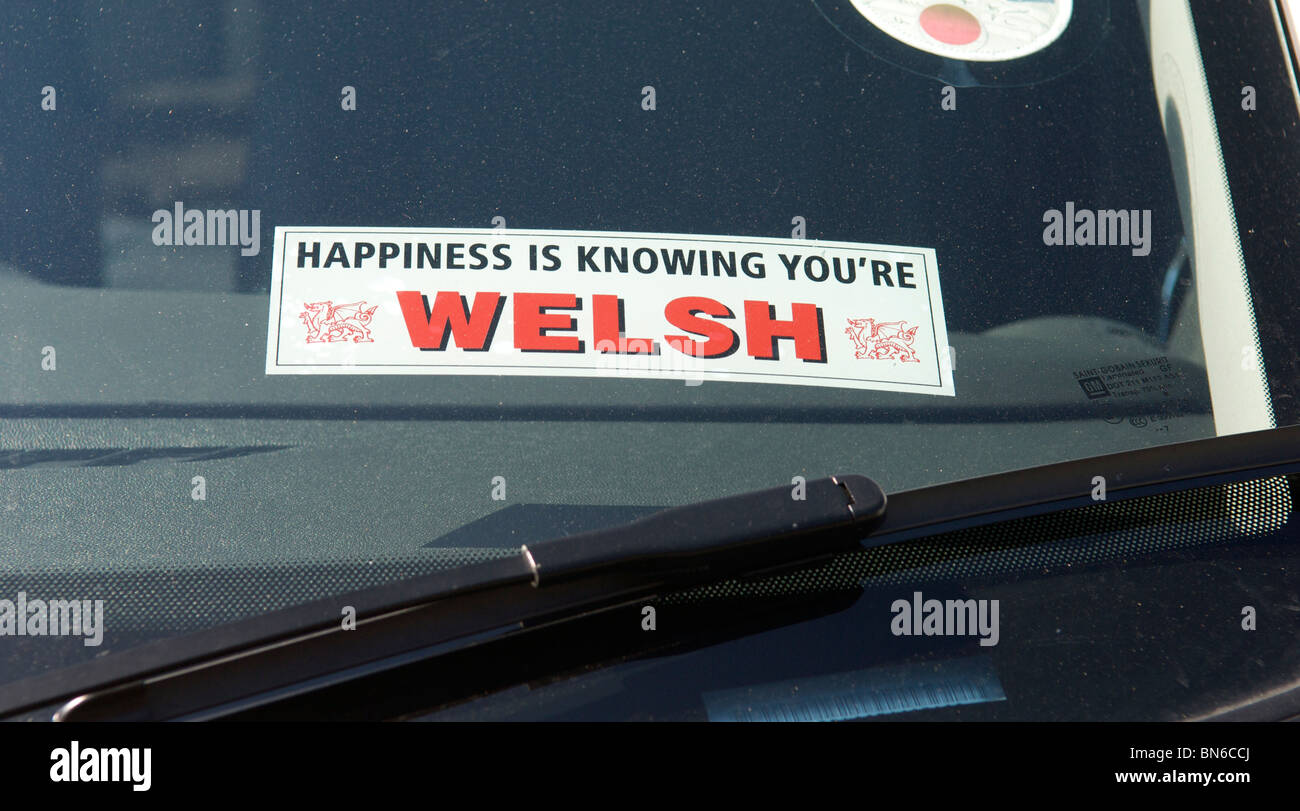 Happiness is knowing you're Welsh sticker in car window Stock Photo
