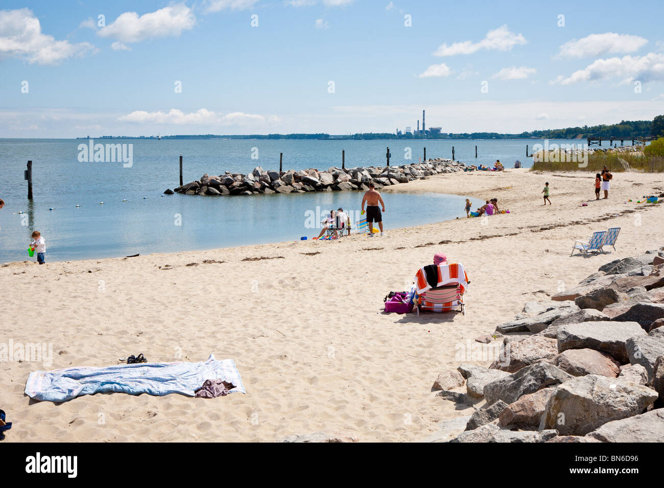 Yorktown, Virginia - Sep 2009 - Sand beach at Riverwalk Landing on York River in Historic Yorktown, Virginia Stock Photo