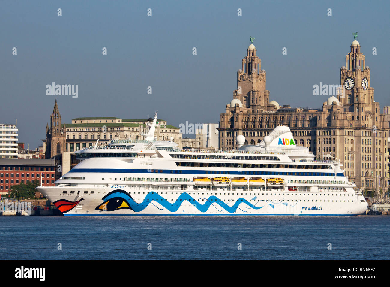 Passenger Cruise Ship Aida Aura Preparing To To Depart After A Day Visit To Liverpool Merseyside England Uk May 2010 Stock Photo Alamy