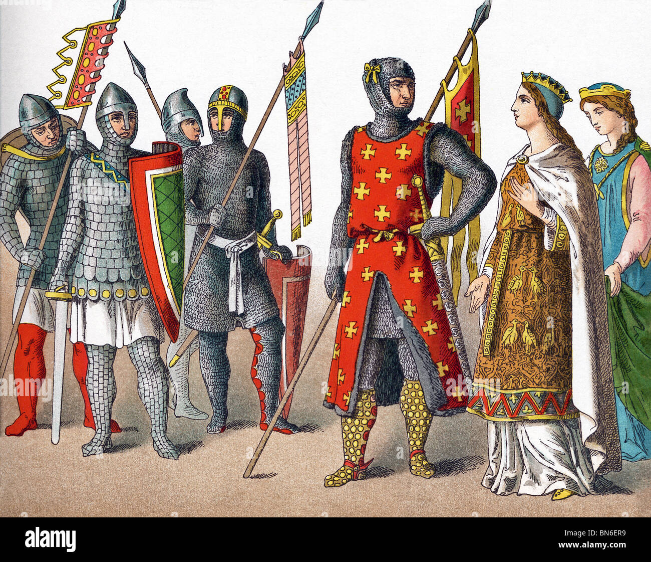 The figures shown here represent Germans around A.D. 1100. They are from left to right: five warriors and two princesses. Stock Photo
