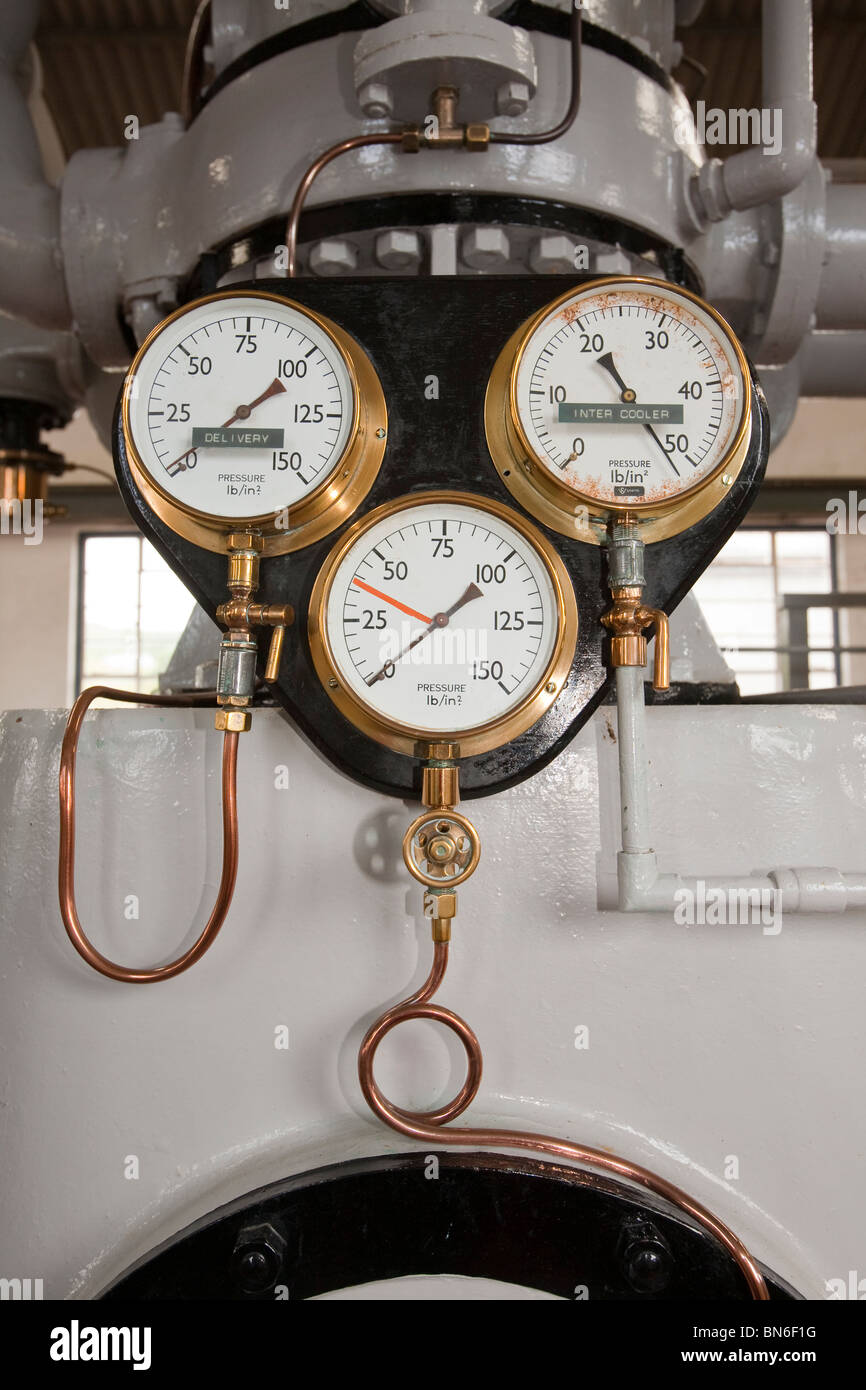 Instrument guage's on compressors at Geevor mine in Cornwall, it closed in 1990, the last working tin mine in Cornwall Stock Photo