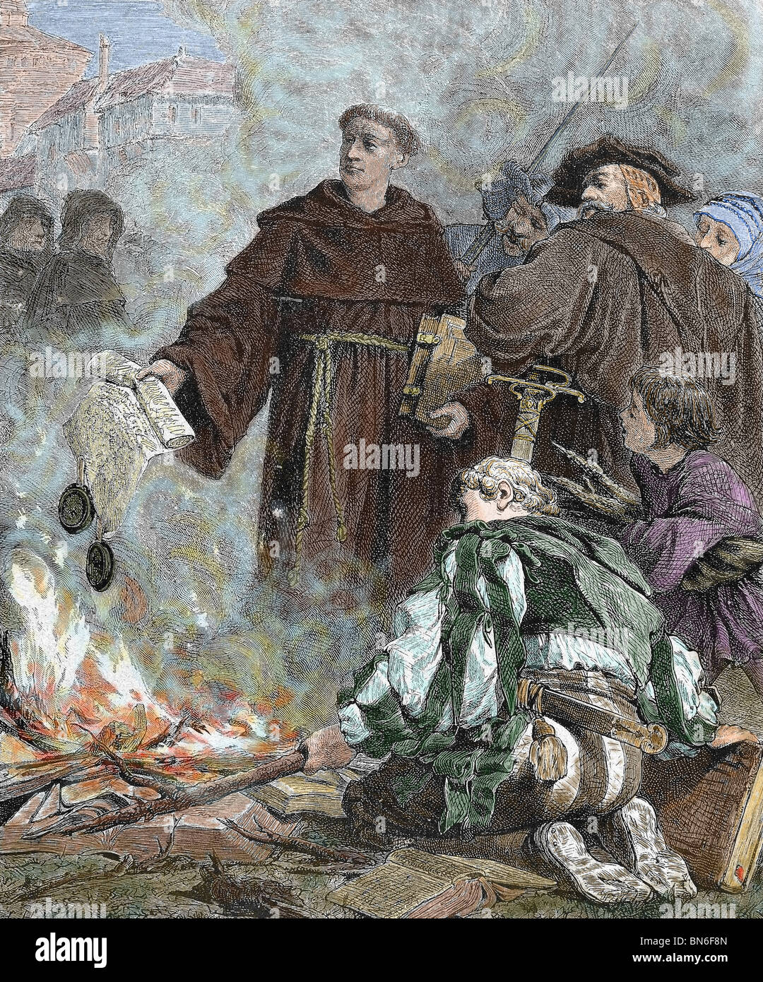 Martin Luther (1483-1546) burning the papal bull 'Exsurge Domine '(1520) of Pope Leo X. Stock Photo