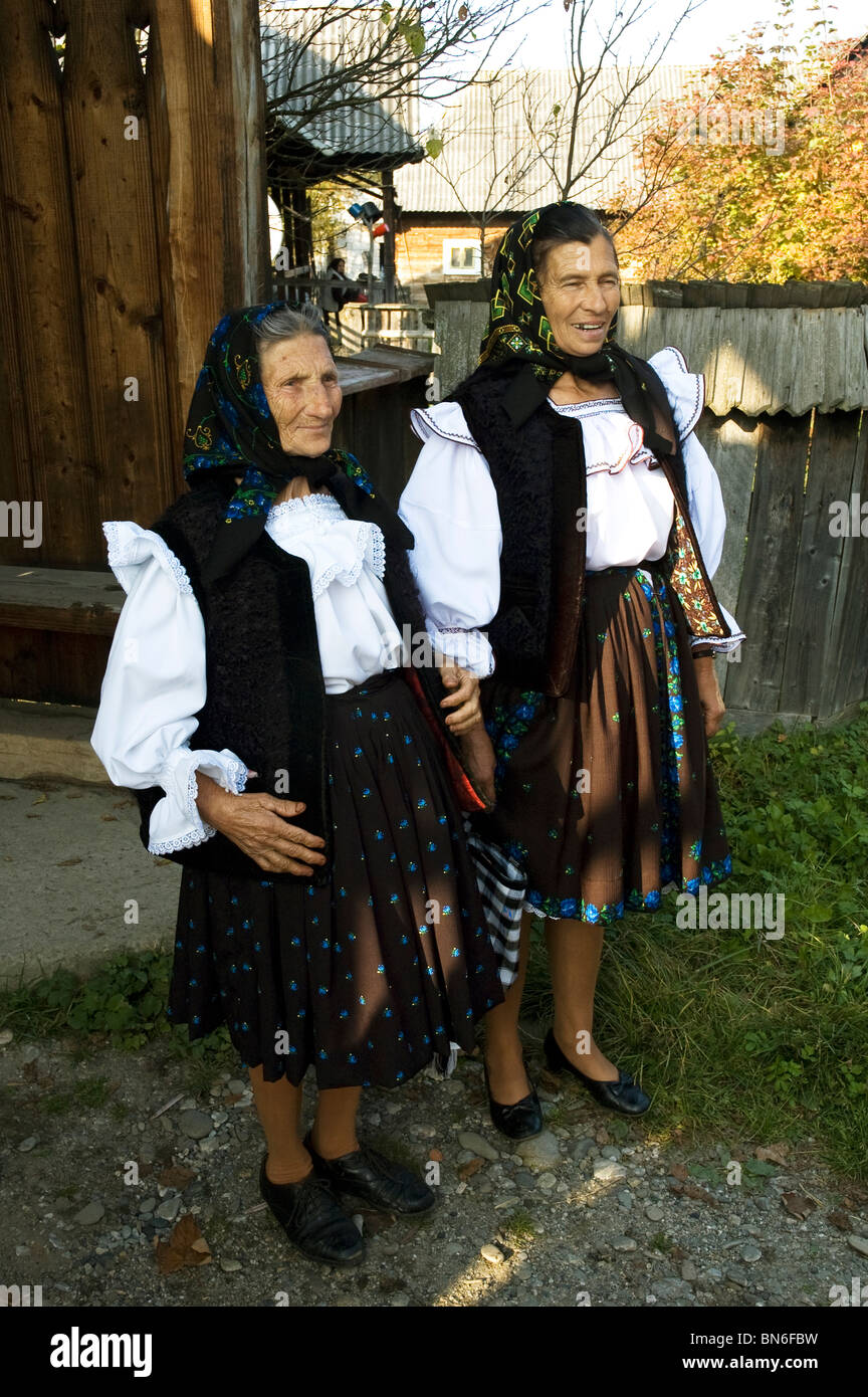 Two Romanian Country Women pose in Regional Costume Stock Photo