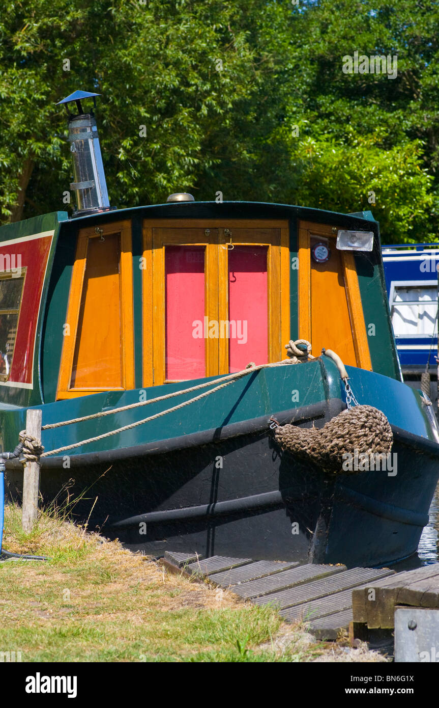 Bow Of A narrow canal boat Narrowboat With A Rope Fender Stock Photo