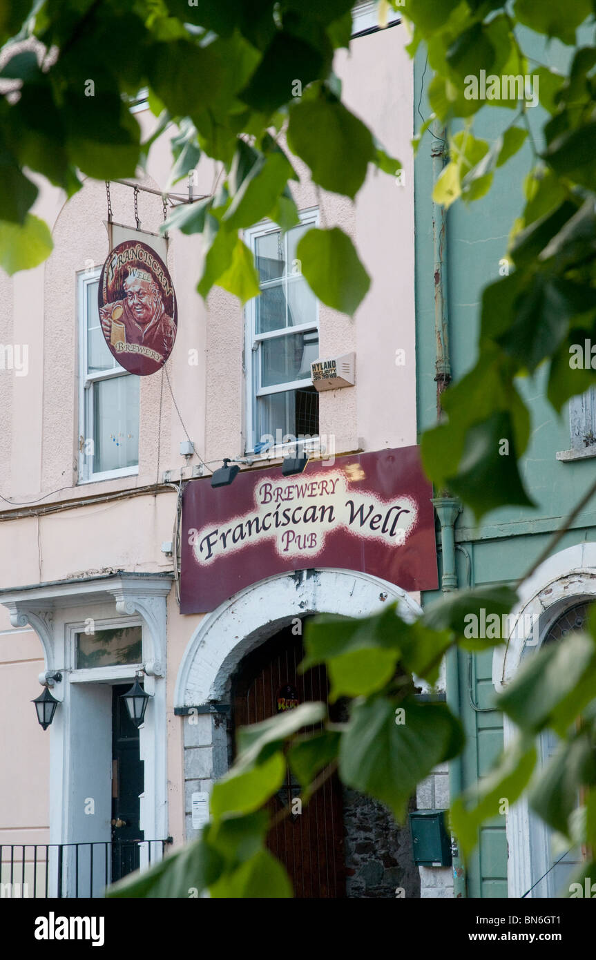 Shot of the Franciscan Well brewpub sign through leaves, in Cork, Ireland Stock Photo