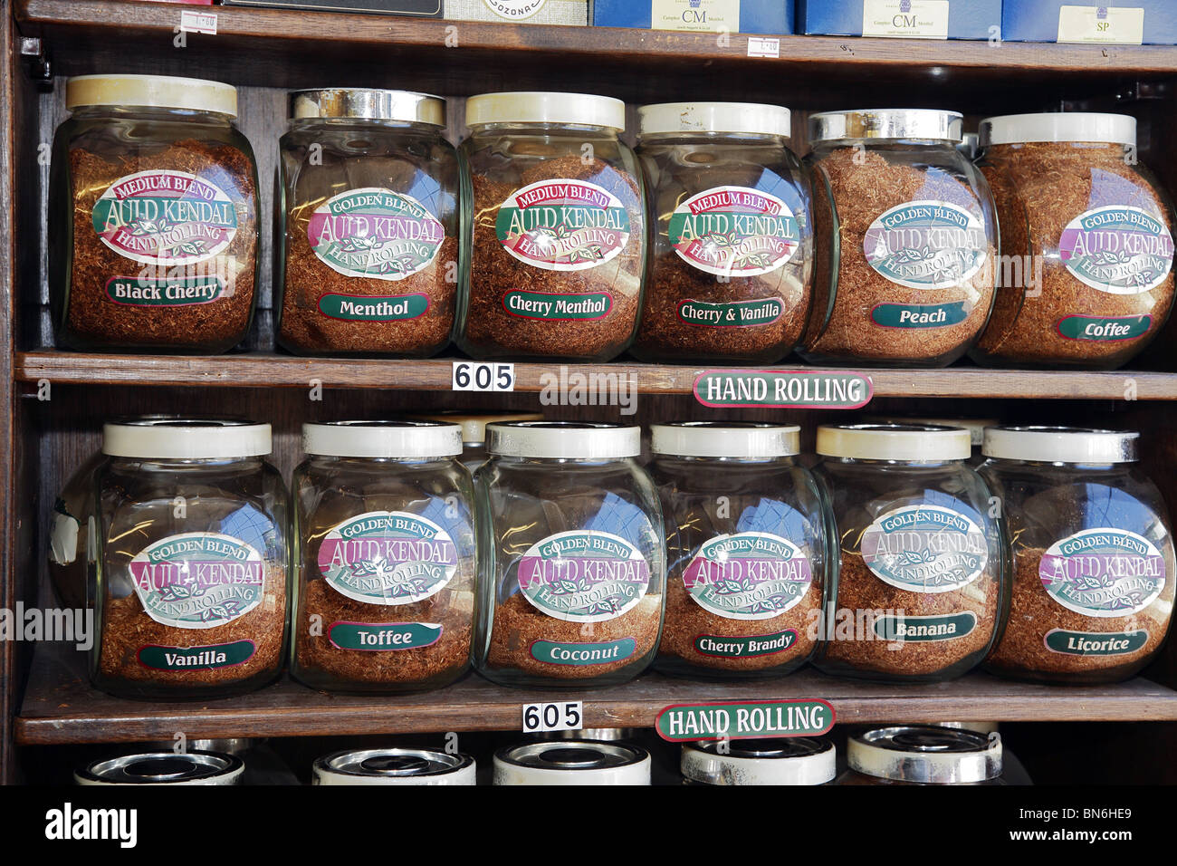 Jars of rolling and pipe tobacco displayed in a tobacconist shop Stock Photo Alamy