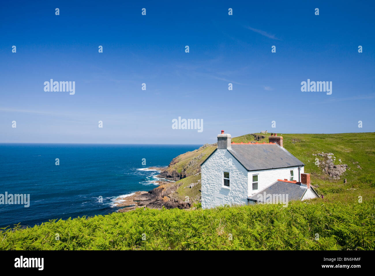 A holiday cottage with fantastic sea views on Cape Cornwall near St Just, cornwall, UK. Stock Photo