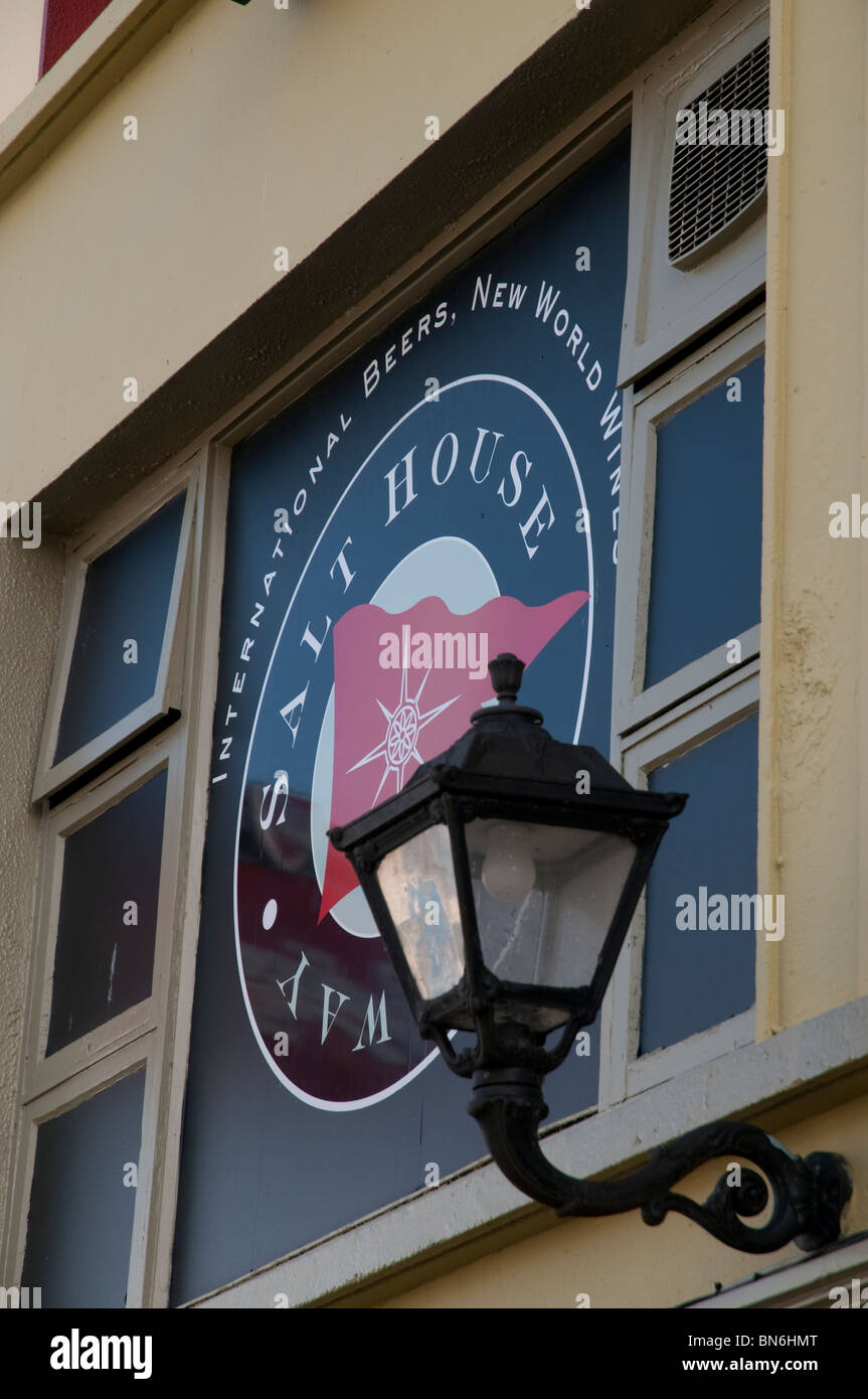 Close up of old fashioned lamp and Salt House (specialist beer bar) pub sign in Galway, Ireland Stock Photo