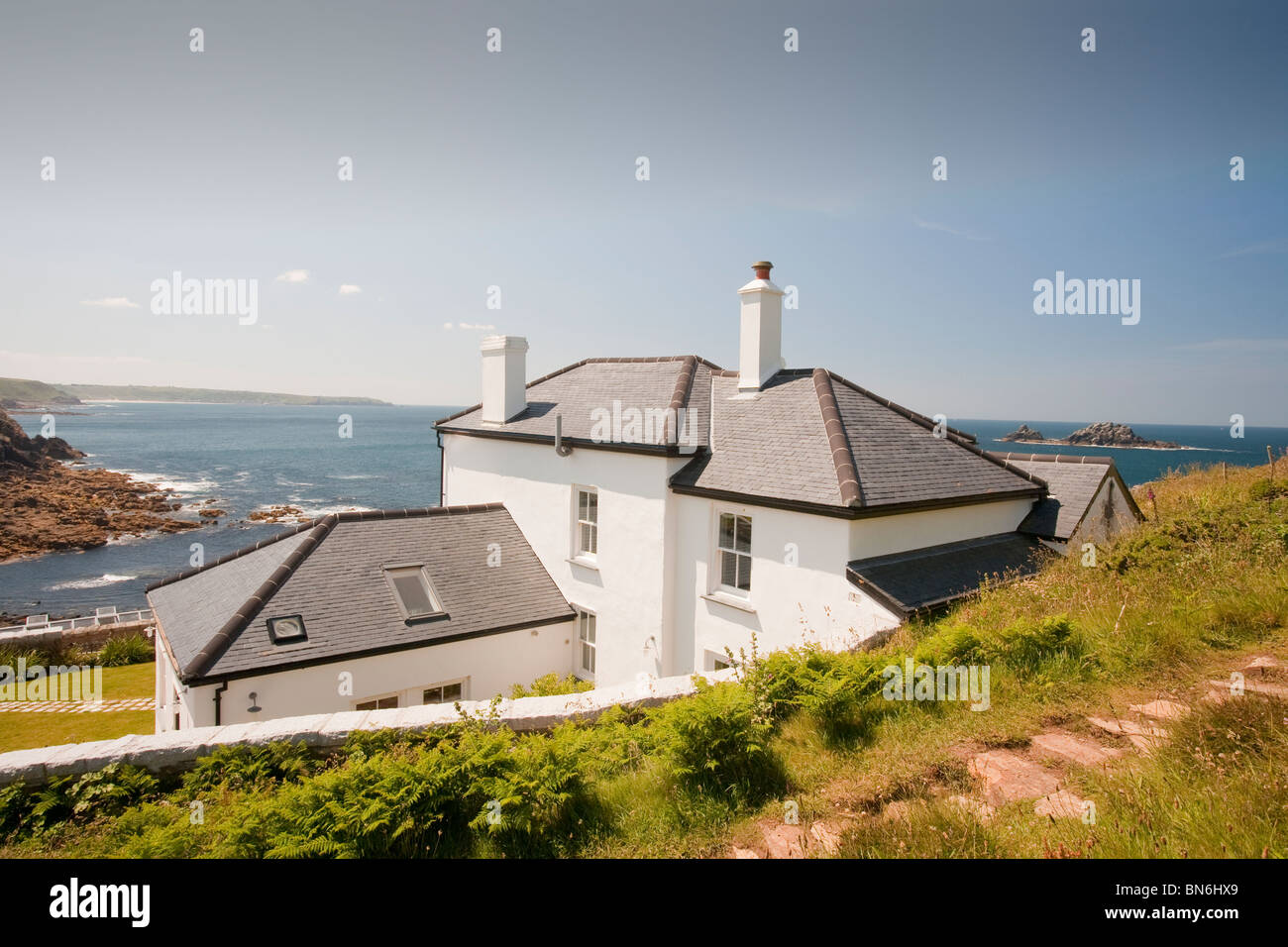 A house with fantastic sea views on Cape Cornwall near St Just, cornwall, UK. Stock Photo
