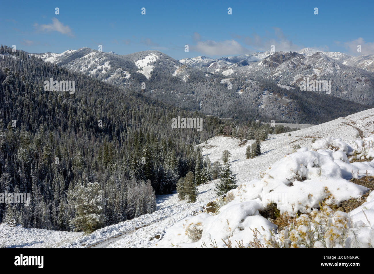 View of the Salmon River / Sawtooth Valley in first winter snow, Idaho