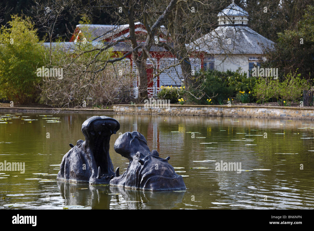 Sculpture of 'Bull Hippos Fighting' by Rupert Merton in the garden at Woburn Abbey, Bedfordshire, England Stock Photo