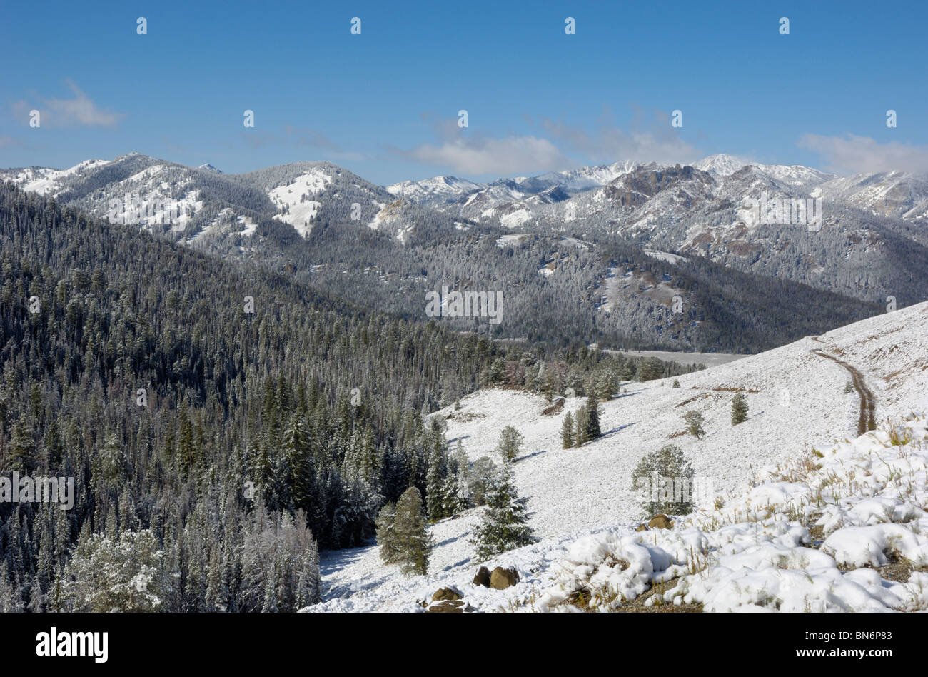 View of the Salmon River / Sawtooth Valley in first winter snow, Idaho