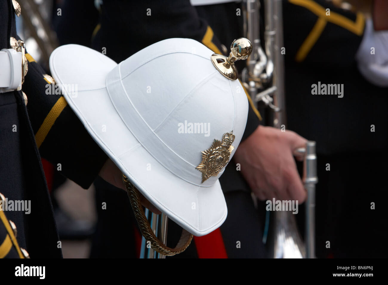 famous white helmet of the band of HM Royal Marines Scotland at Armed Forces Day 2010 in Bangor County Down Northern Ireland Stock Photo