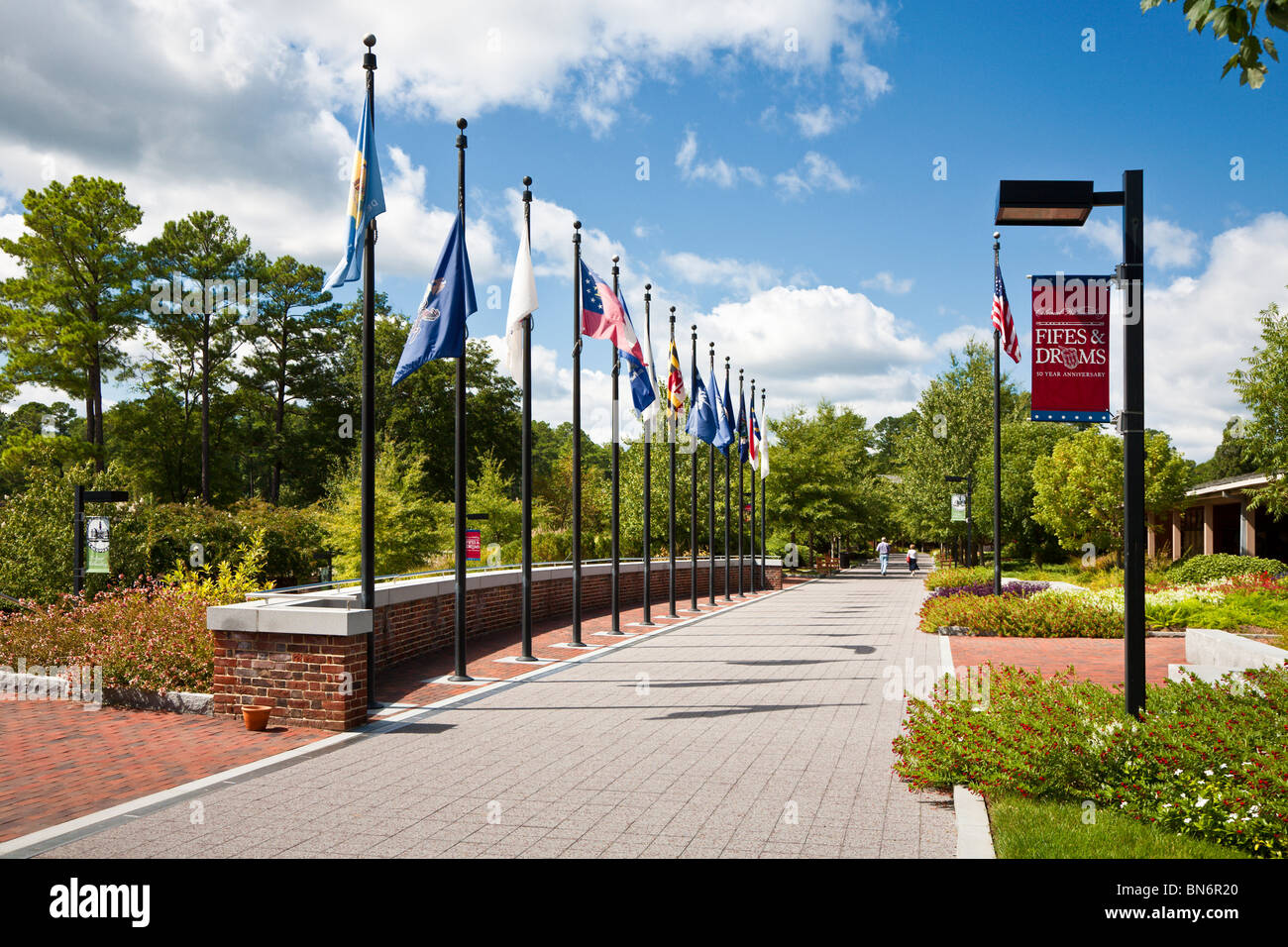 Display of flags outside visitor's center at Colonial Williamsburg