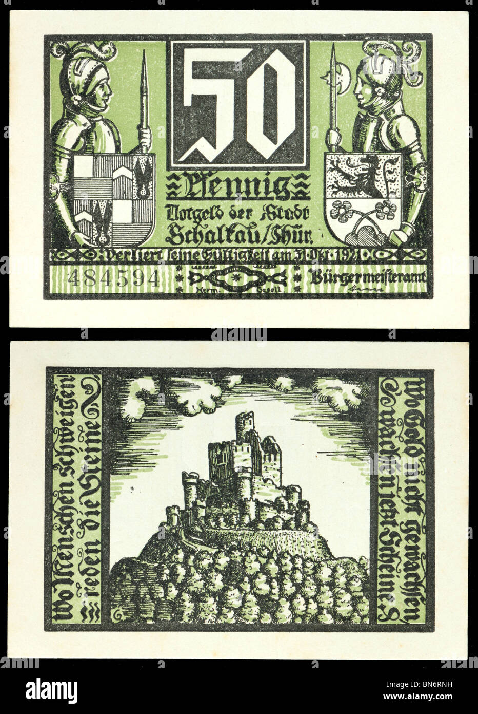 German Notgeld (emergency money) from period of hyperinflation. Note valid to Oct. 1921. 50pf, from Schaltau / Thur. Stock Photo