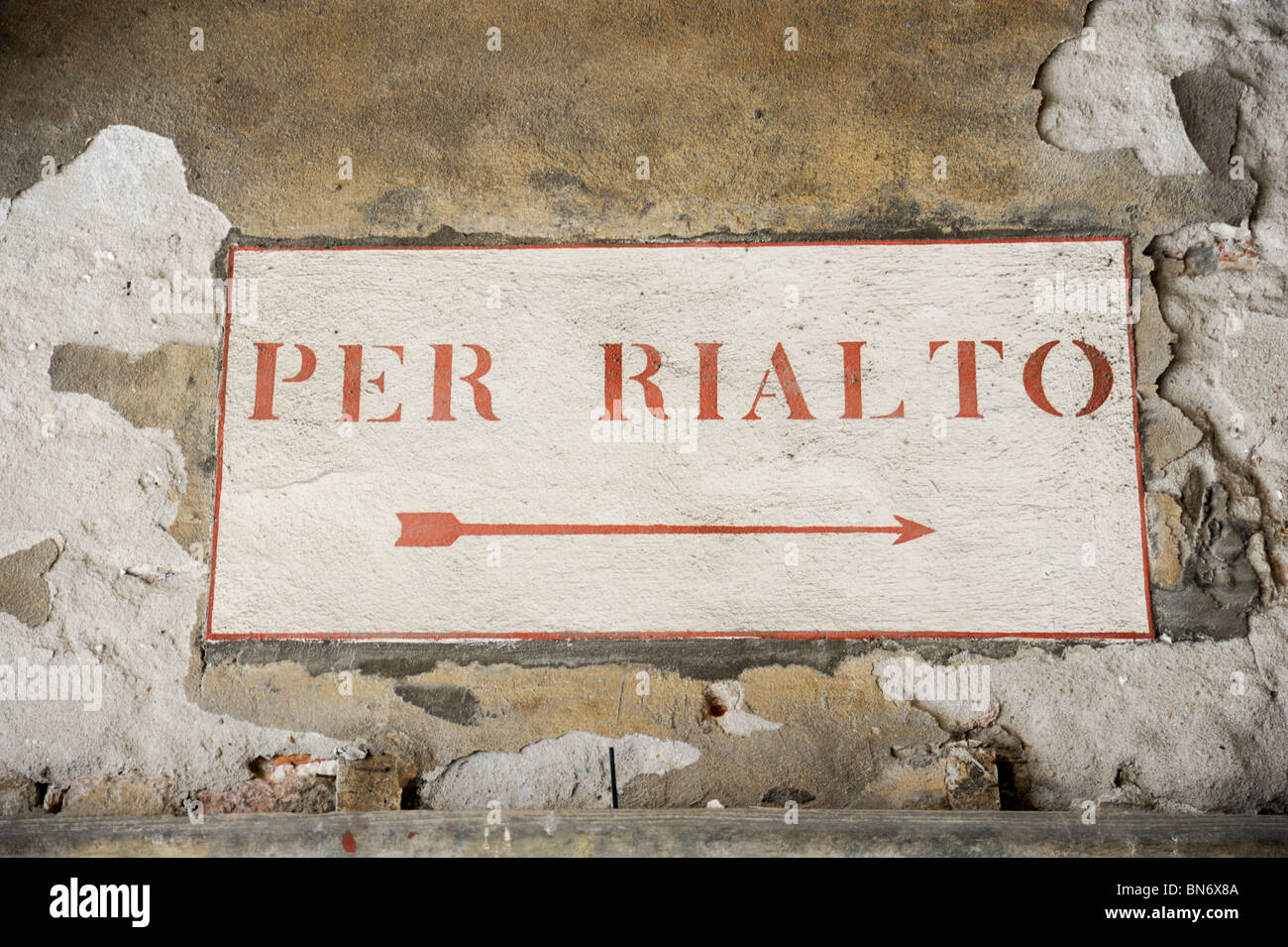 Per Rialto street sign on wall. Close up of old wall and sign. Stock Photo