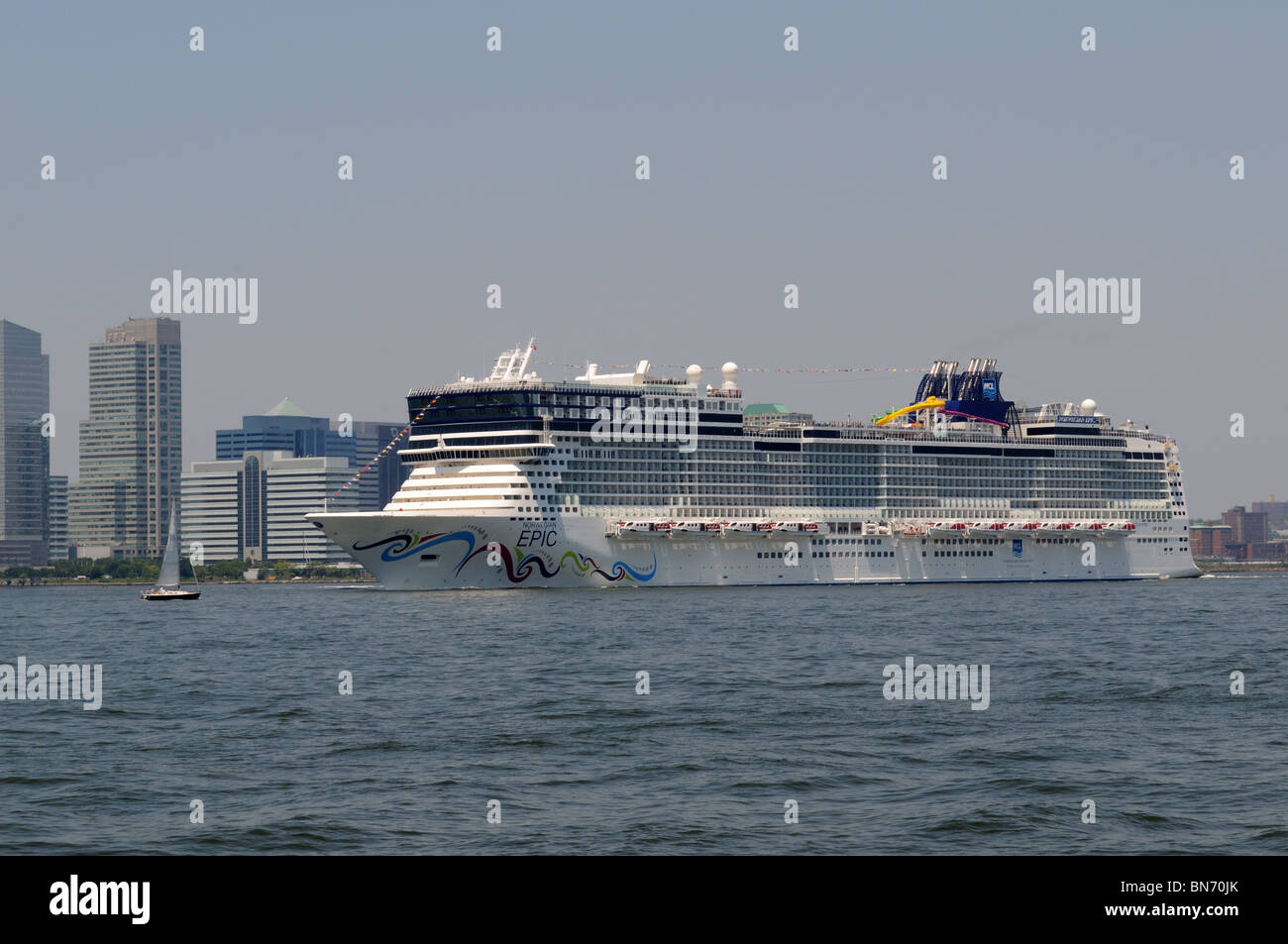Norwegian Epic going down the Hudson River after inaugural ceremonies in New York City. July 5, 2010 Stock Photo