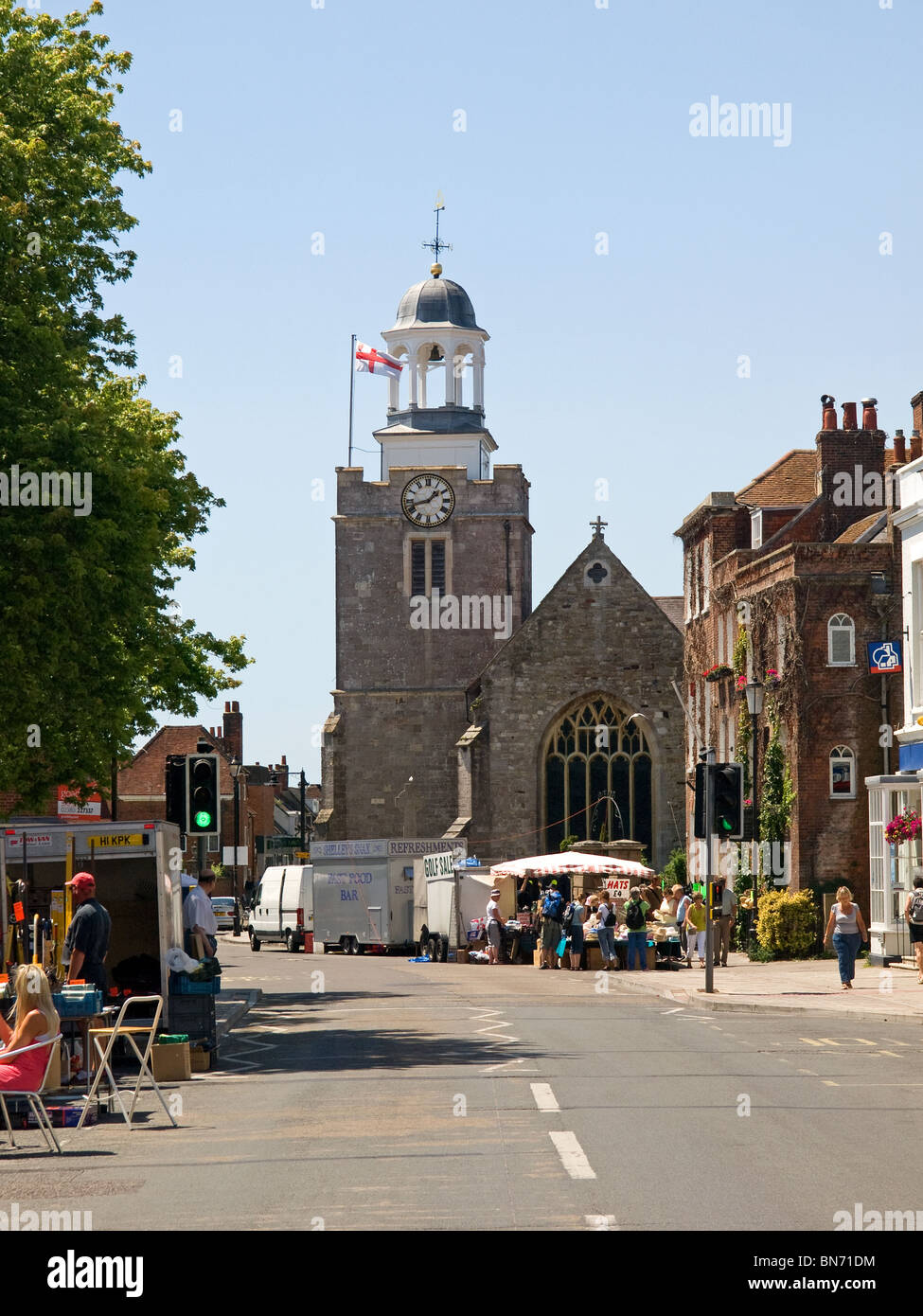 View at the top of Lymington High Street Hampshire England UK looking