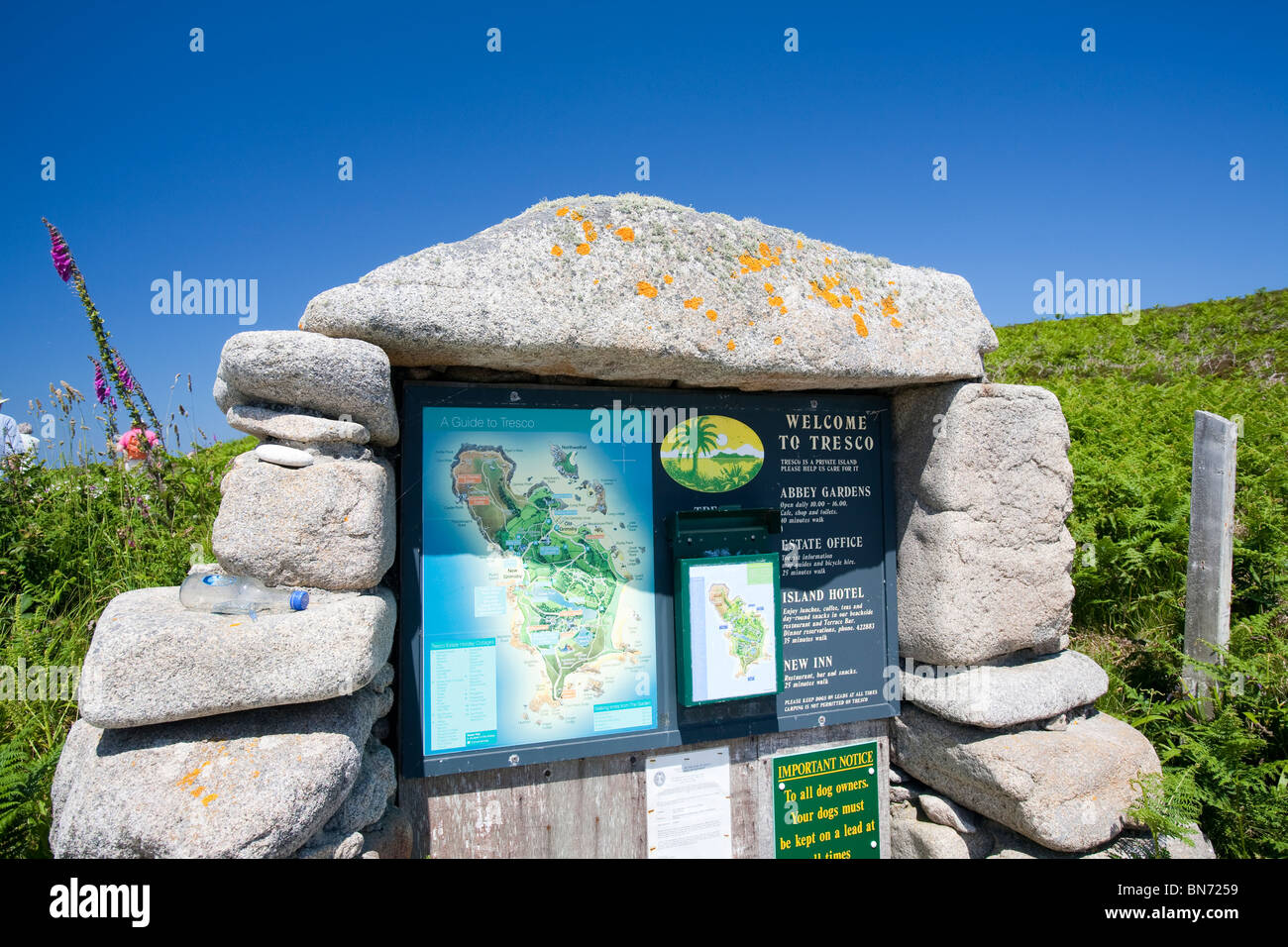 A welcome to Tresco sign, on the Scilly Isles, UK. Stock Photo