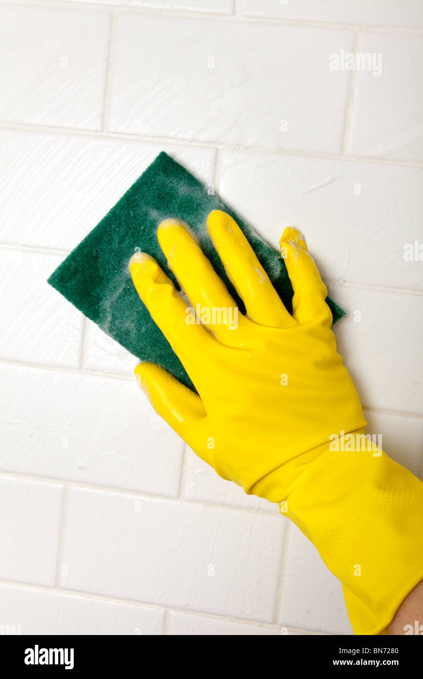 Cleaning Bathroom Tile Wall close up Stock Photo Alamy