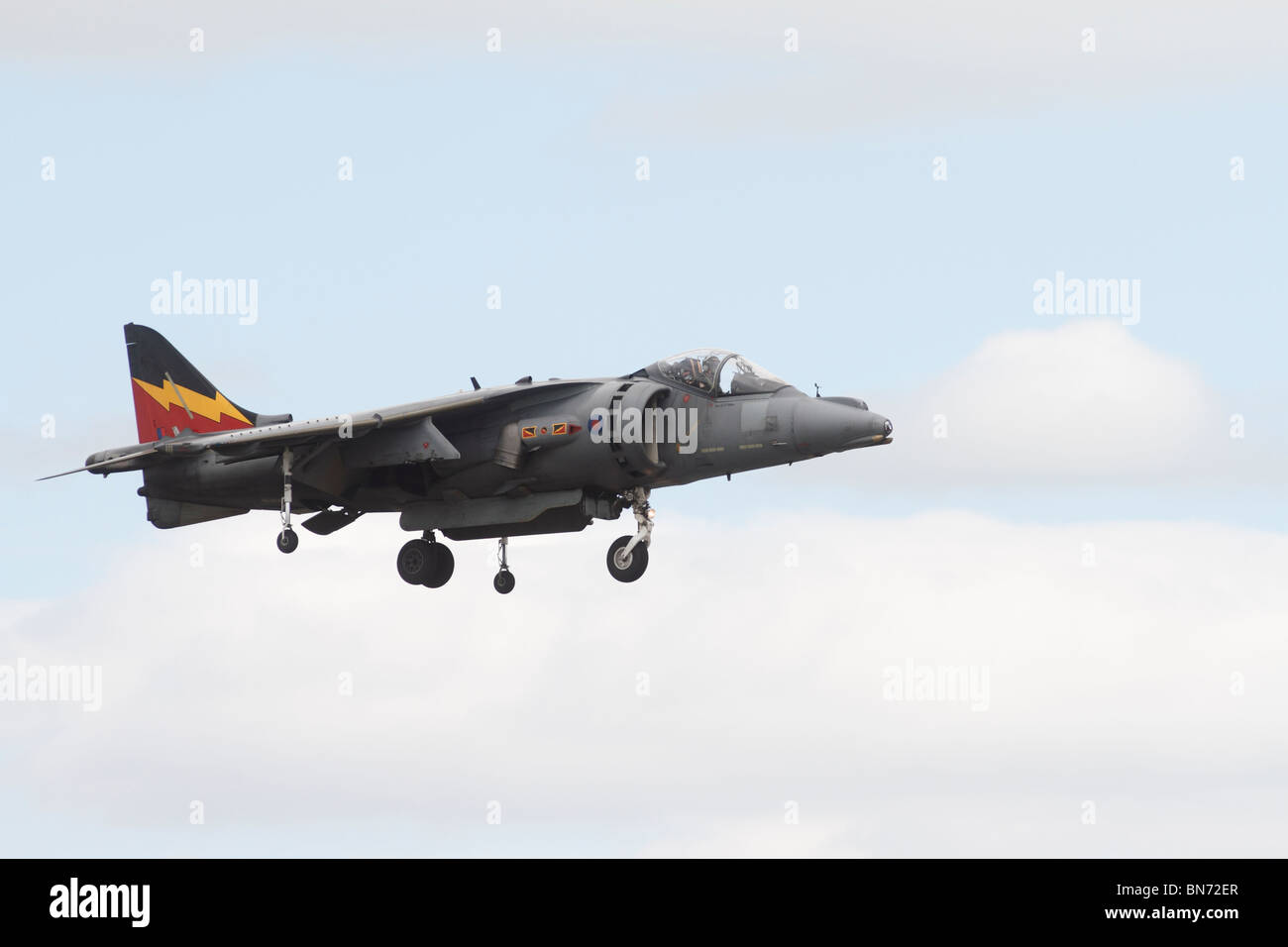 Harrier GR9, RAF Waddington, Lincoln, International Airshow. The BAE Systems/Boeing Harrier II (GR5, GR7, and GR9 series) is a second generation vertical/short takeoff and landing (V/STOL) jet aircraft used by the UK's Royal Air Force (RAF) and, since 2006, the Royal Navy. It was developed from the earlier Hawker Siddeley Harrier and is closely related to the U.S.-built AV-8B Harrier II. Both are primarily used for light attack or multi-role tasks, and are often operated from small aircraft carriers. Stock Photo