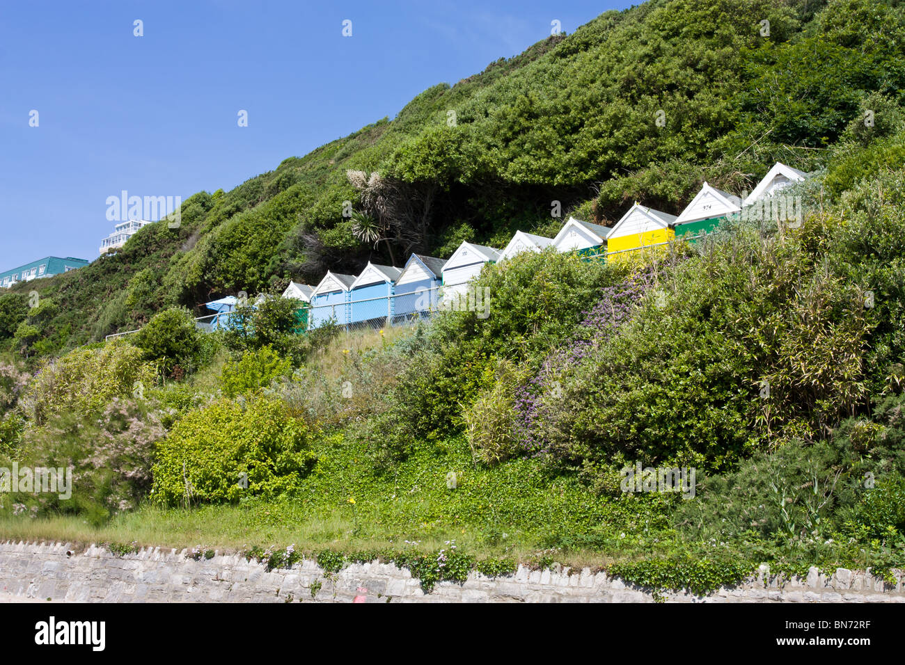 beach huts off Bournemouth beach, Dorset on the English south coast in summer. Stock Photo