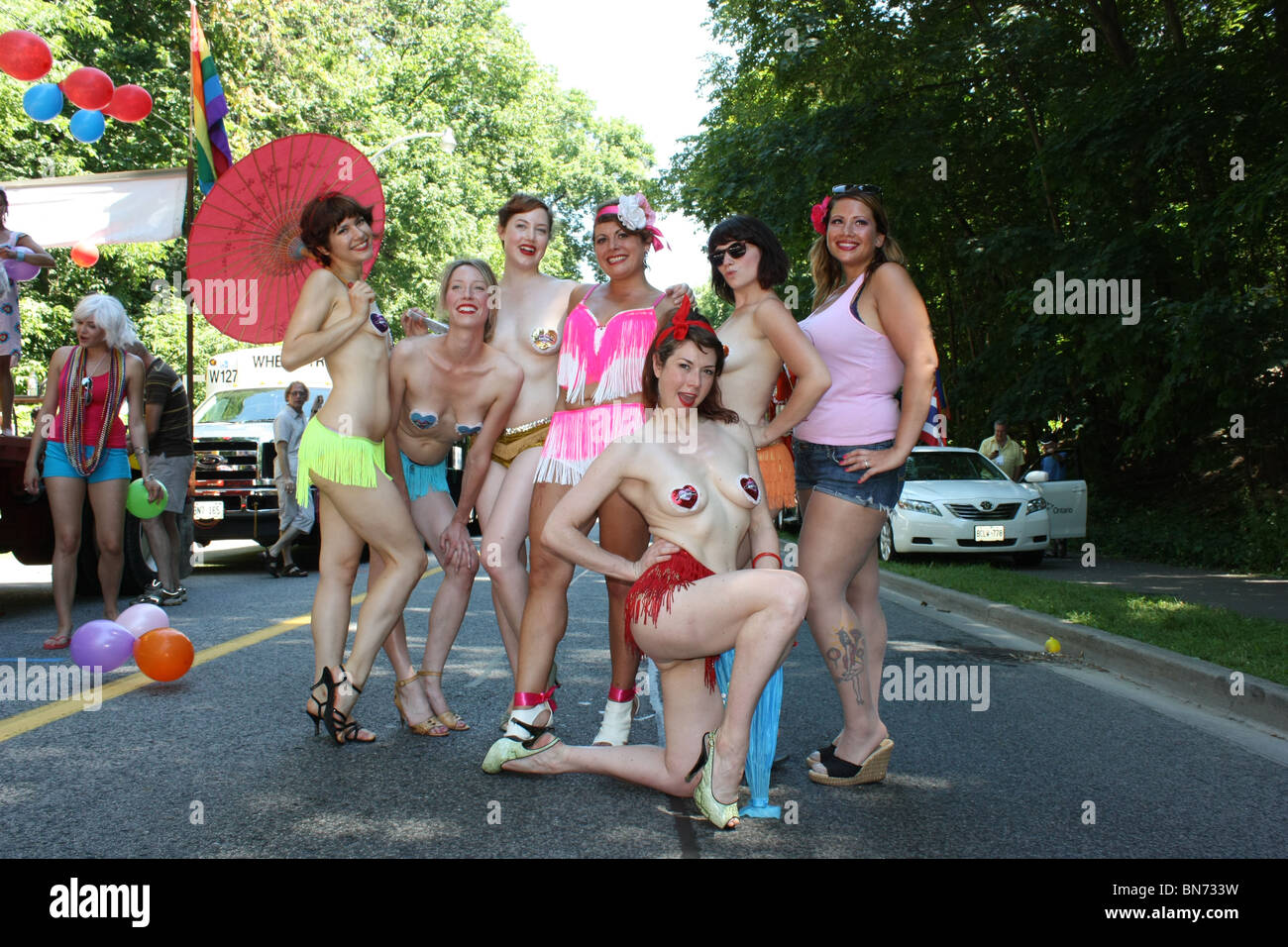 female burlesque performers pose outdoor Stock Photo