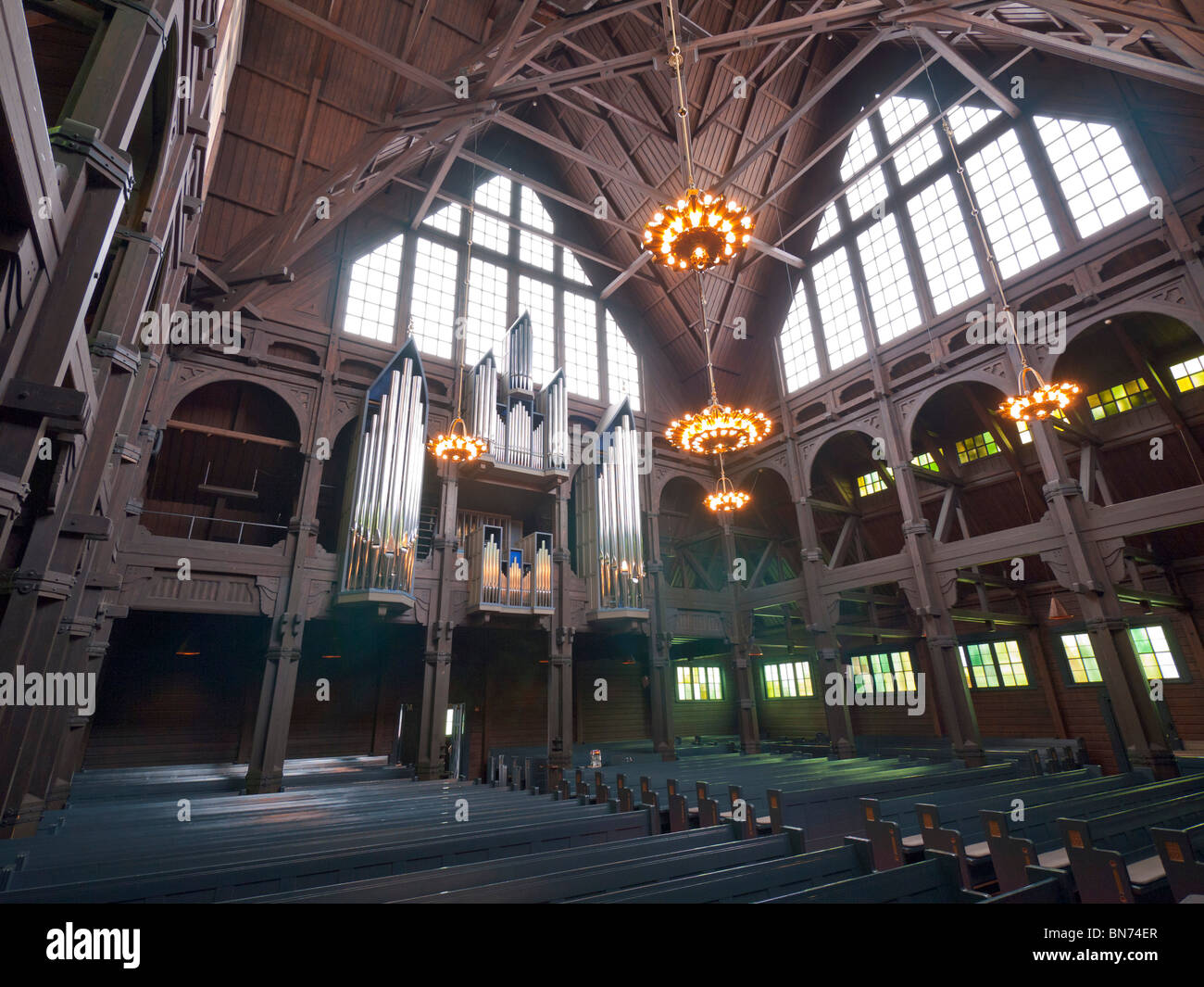 Interior view of the church in Kiruna, Lapland, Sweden, mostly made from wood, inaugurated in 1912. Stock Photo