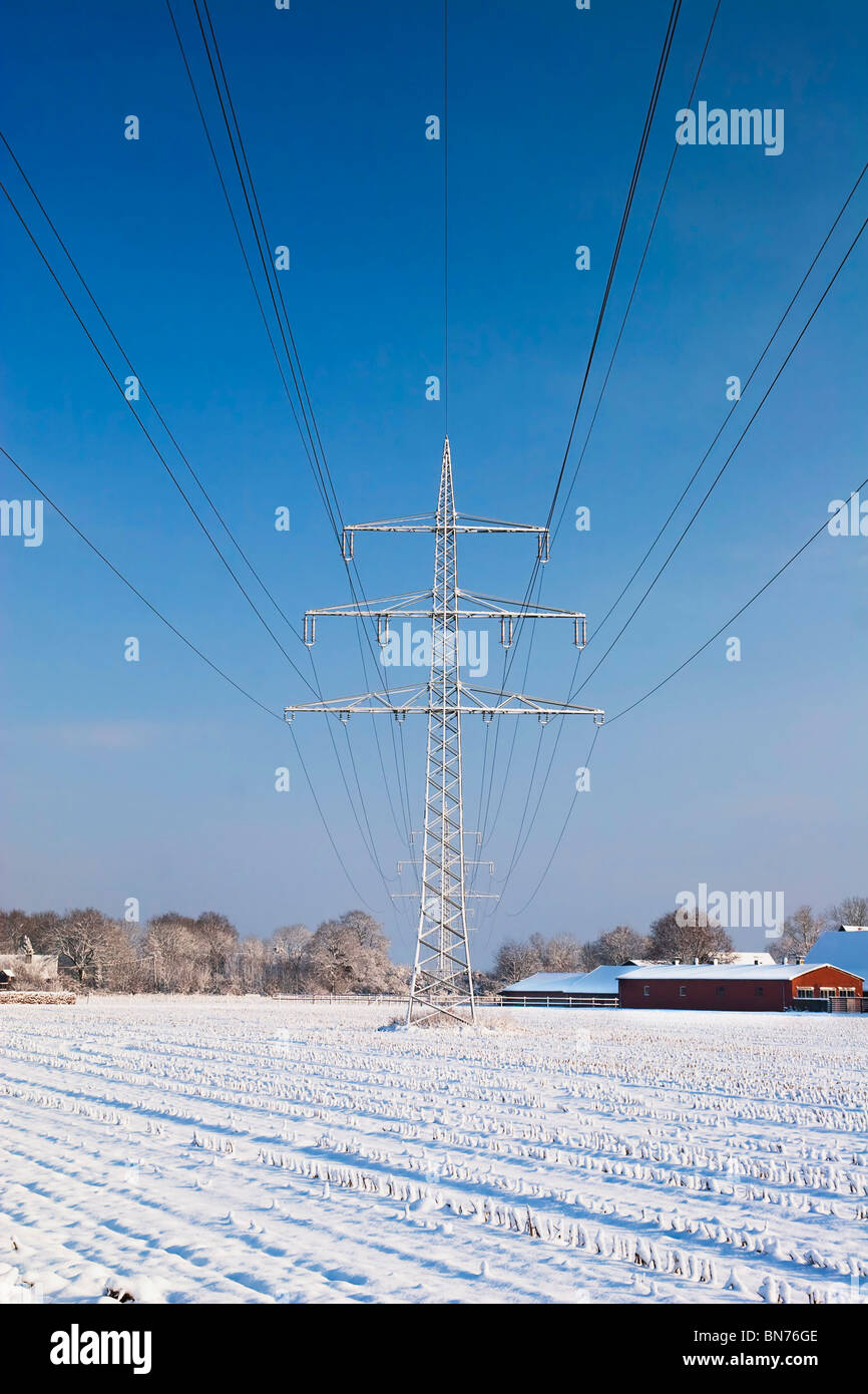 Power line with snow and blue sky Stock Photo