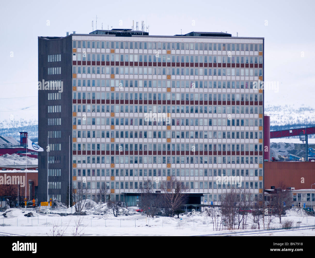 The office building of the LKAB iron ore mine in Kiruna in Lapland, Northern Sweden. Stock Photo