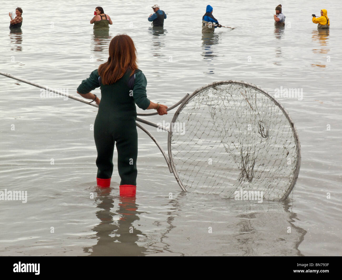 Crowd of people dip net on the Kenai River during Summer, Kenai
