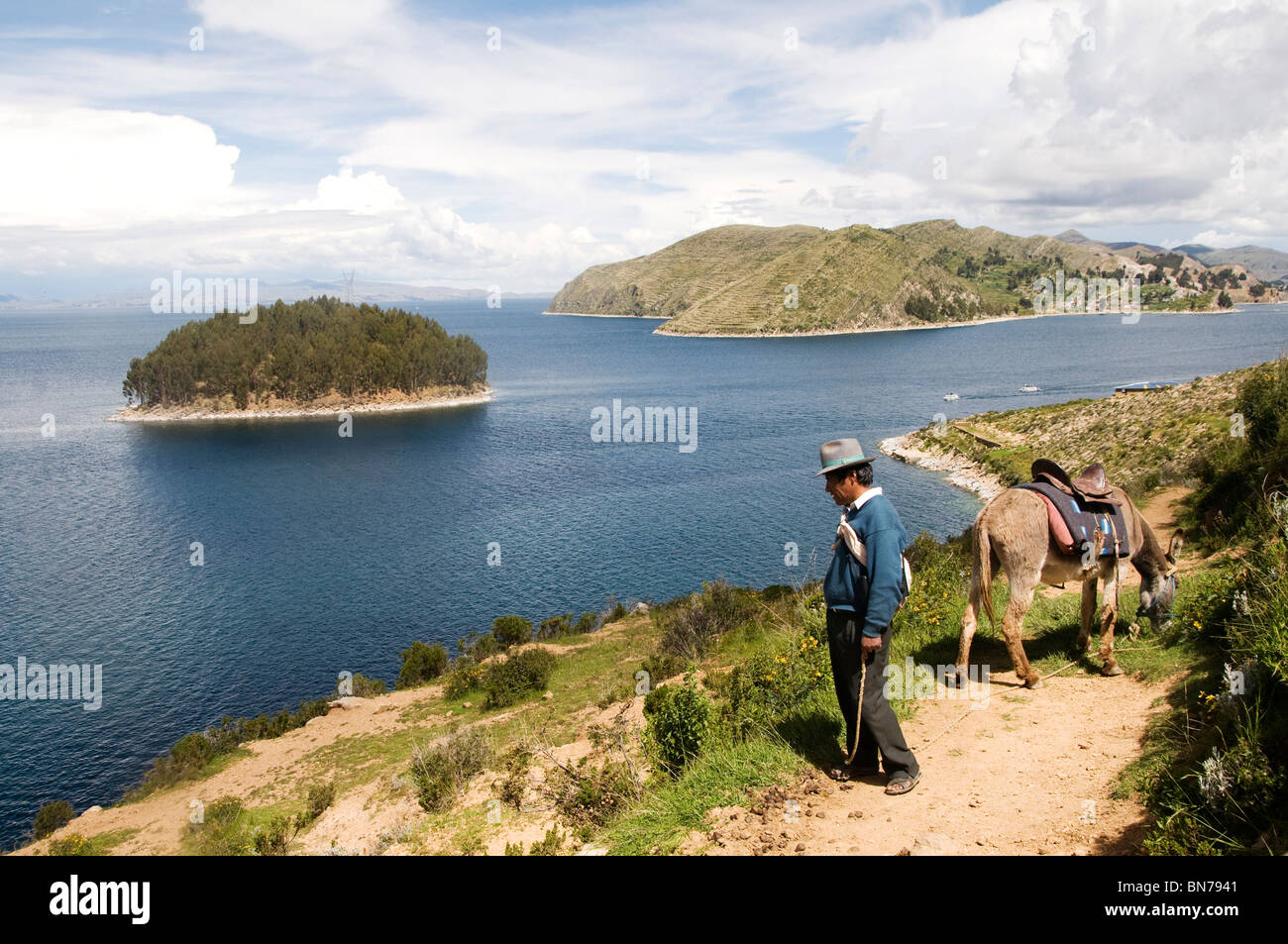 Isla del Sol, Sun Island, Lake Titicaca .Man with a donkey looking at the lake Stock Photo