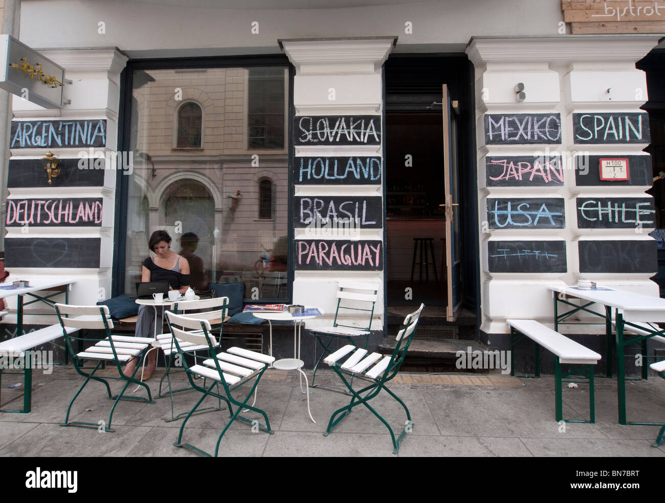 Cafe with World Cup football teams written on wall during tournament 2010 in Berlin Germany Stock Photo