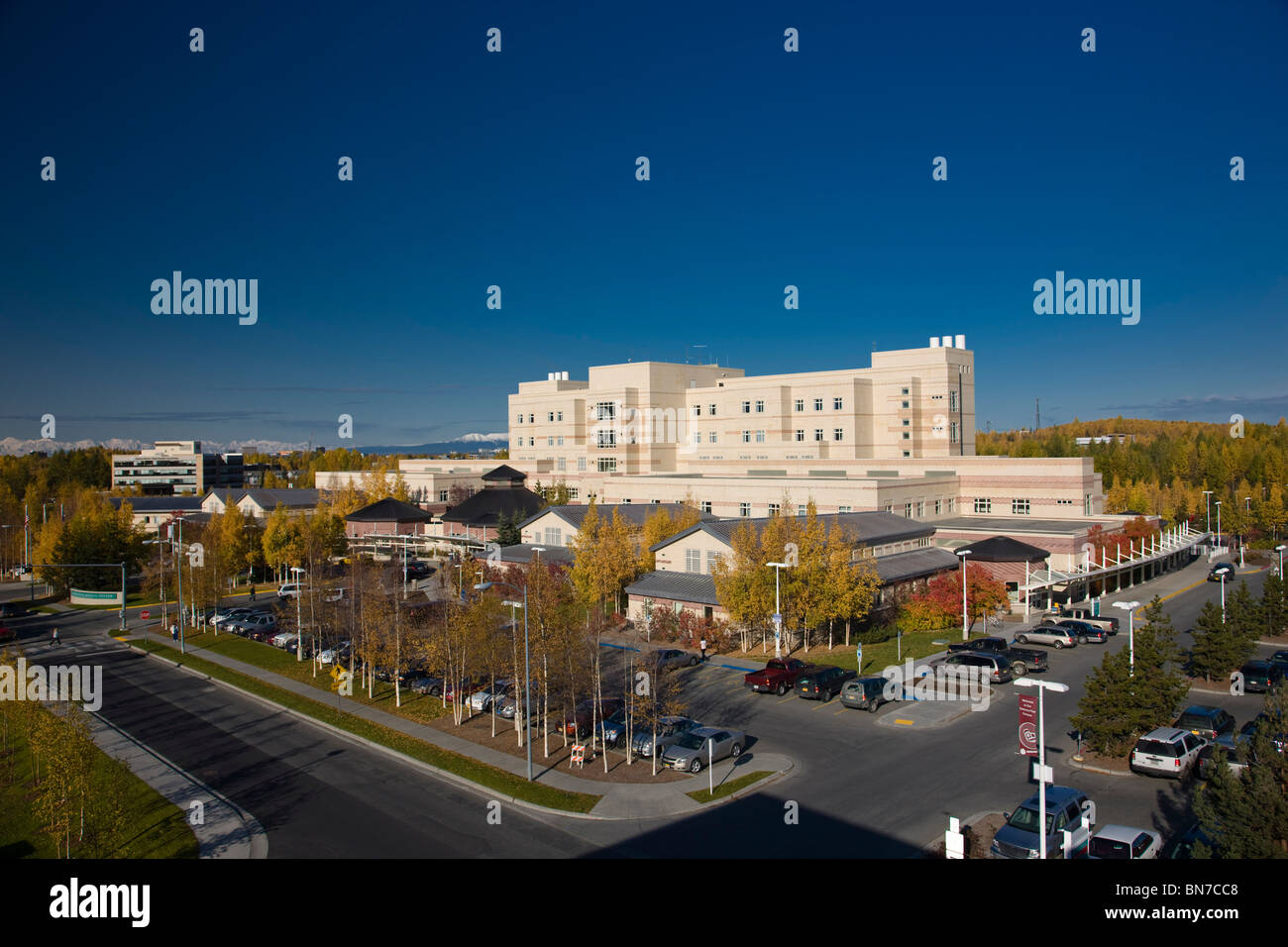 View of the Alaska Native Medical Center during Autumn in Anchorage, Alaska Stock Photo