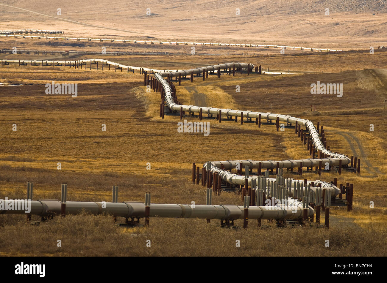 Alaska Oil Pipeline as it winds through the foothills north of the Brook Range north of the Arctic Circle, Alaska Stock Photo