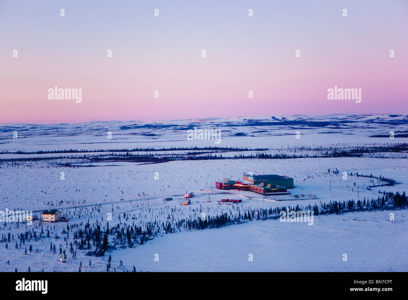 Aerial view of the public school in the Village of Noatak just before