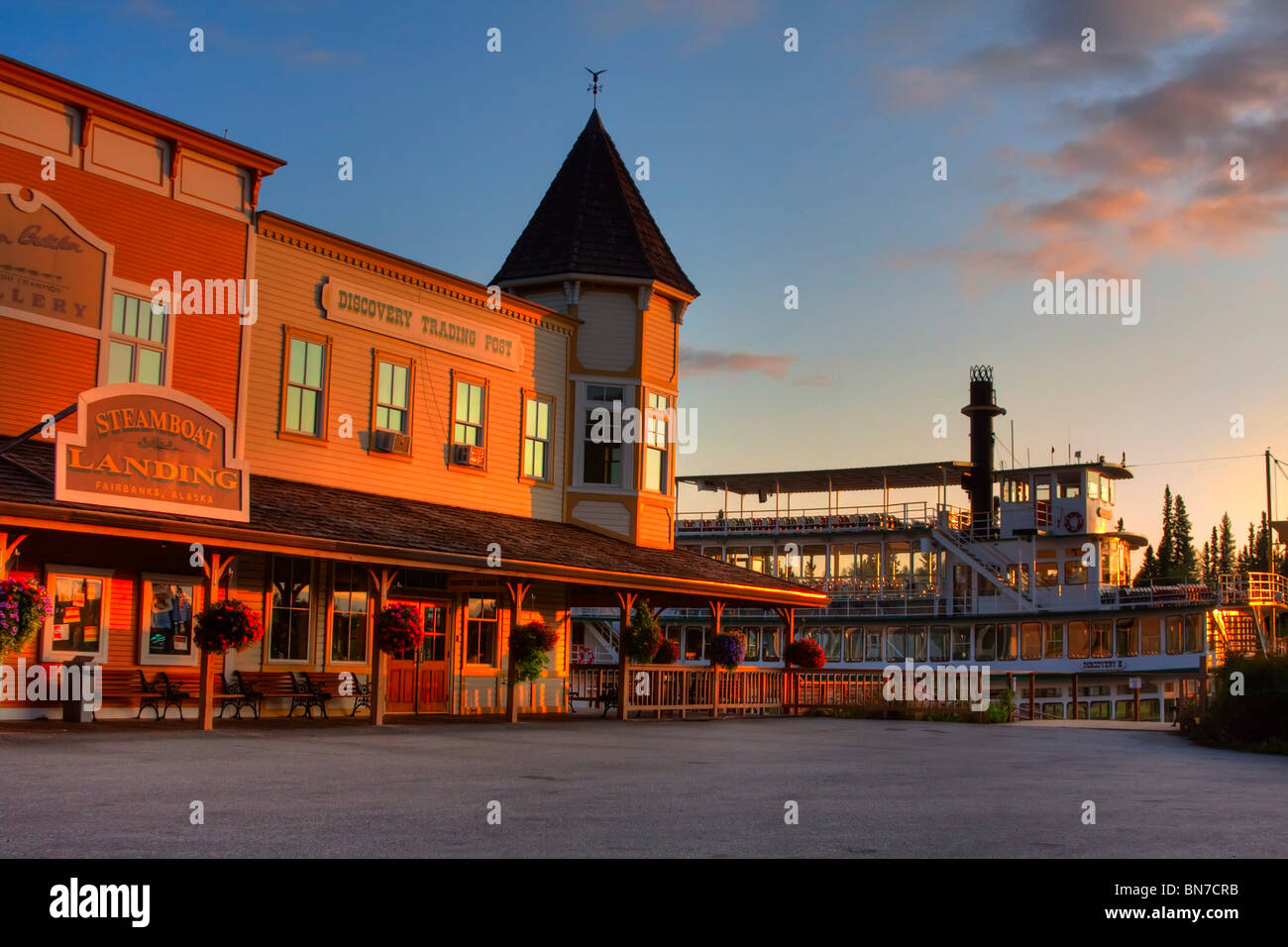 Buildings near the Riverboat Discovery dock with Discovery in the background at sunset, Fairbanks, Alaska, HDR image Stock Photo