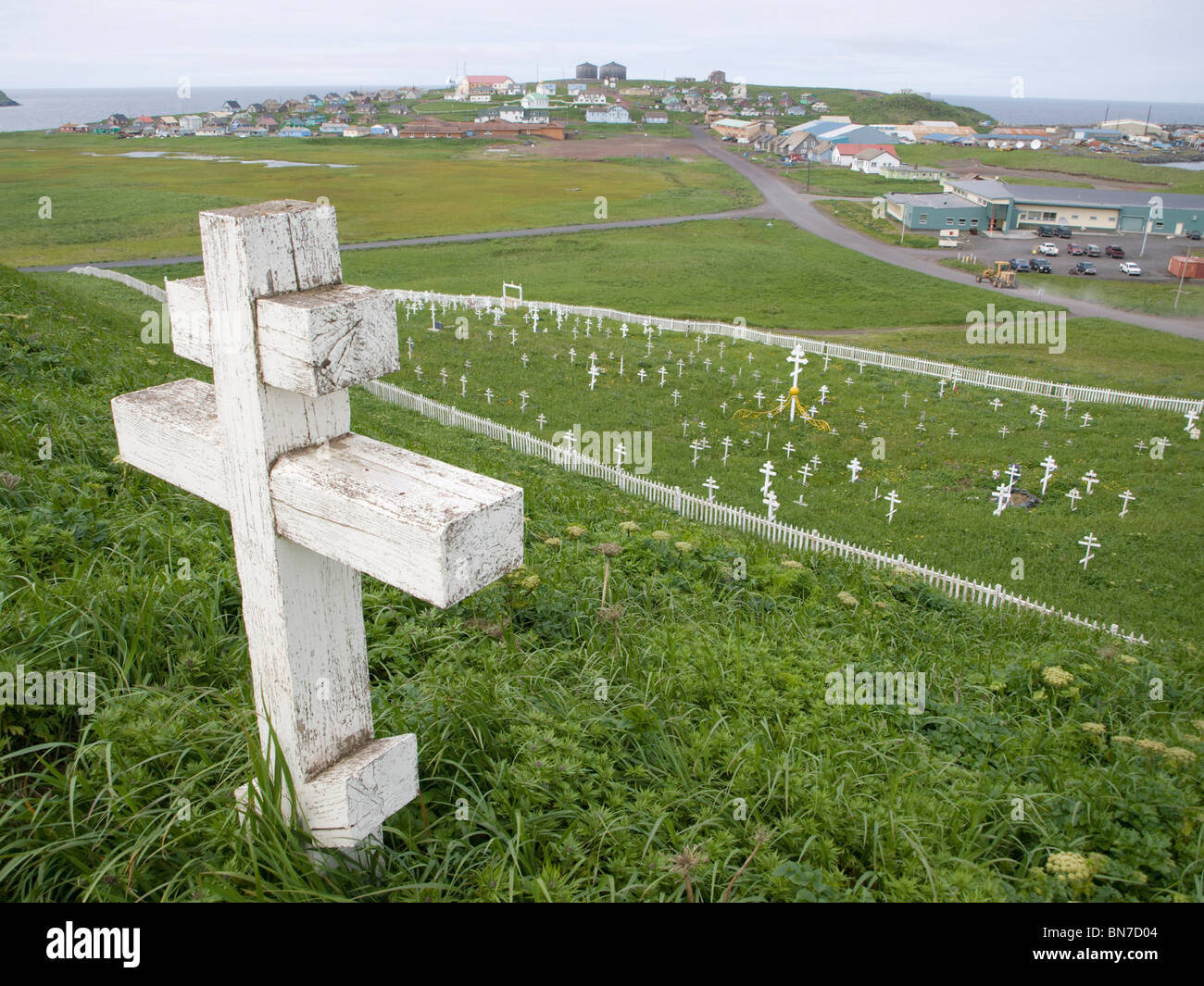View of the Graveyard and town of St. Paul, St. Paul Island, Alaska