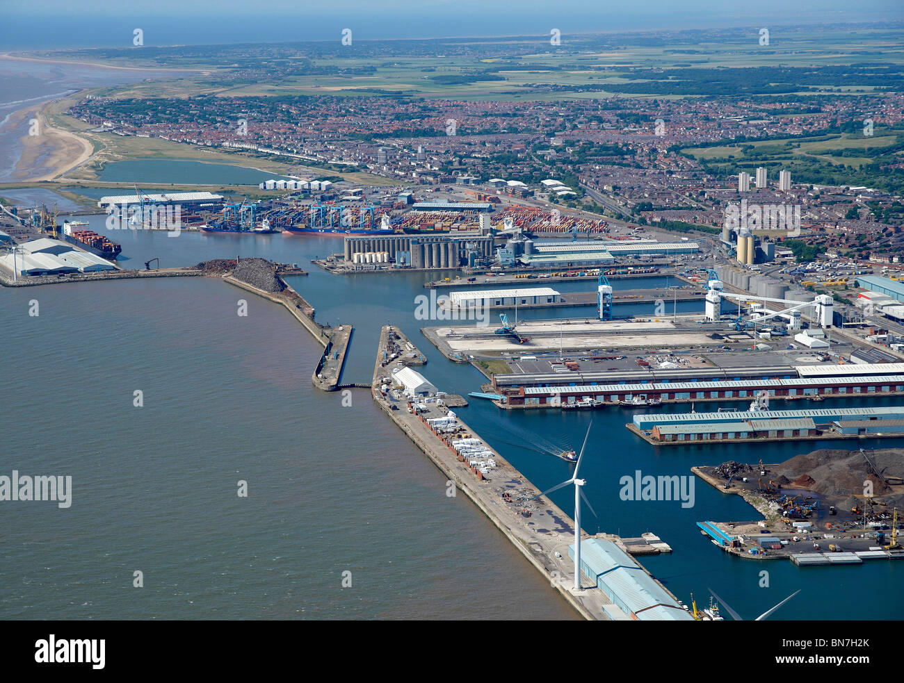 Liverpool Docks and the River Mersey from the air, North West England, looking downriver towards Bootle Stock Photo