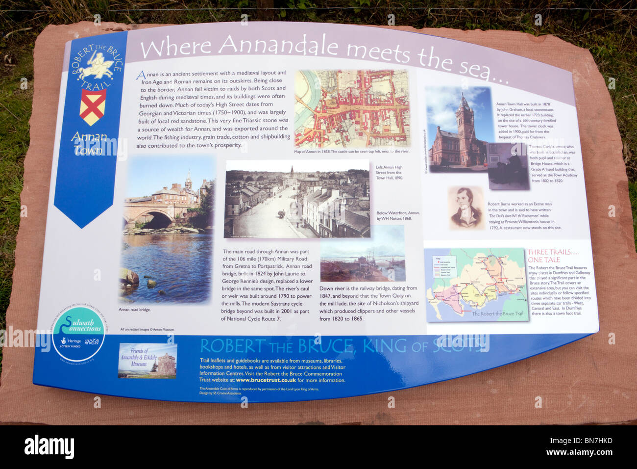 Information board on the Robert the Bruce Trail at the Motte and Baily where the Lords of Annandale once stayed Scotland UK Stock Photo