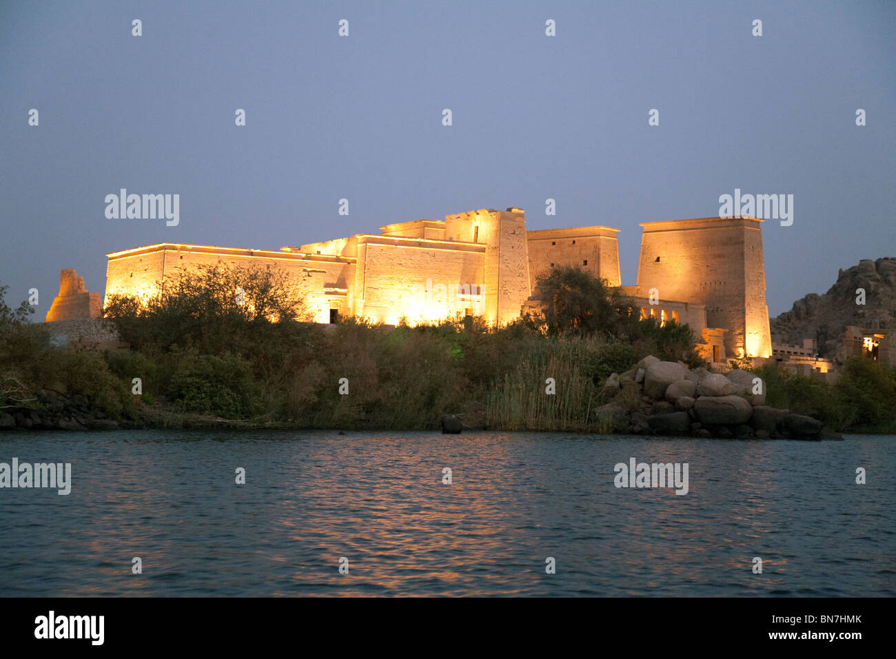 The temple of Isis at Philae at night, on an island in the River Nile  near Aswan, Egypt ,Africa Stock Photo